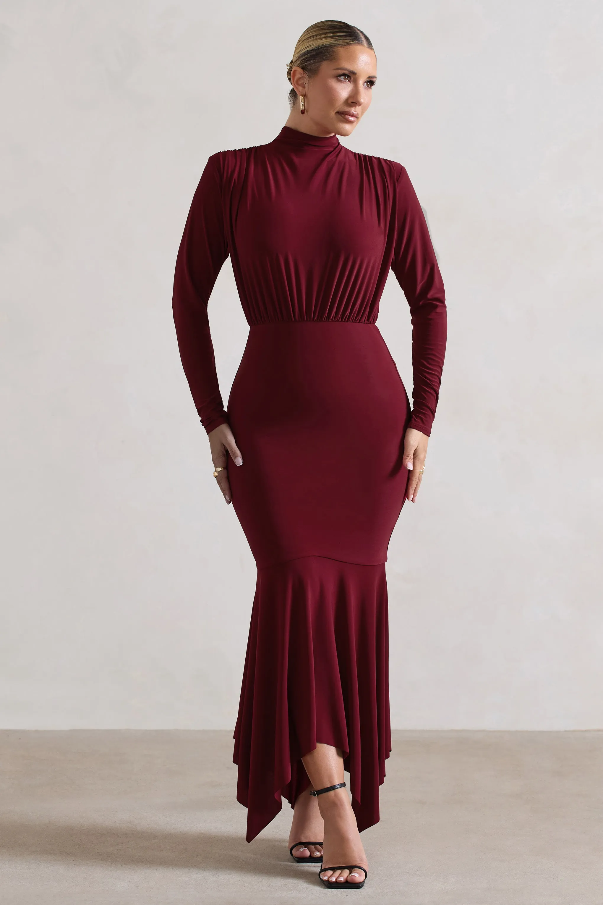 Carla | Berry High-Neck Maxi Dress With Draped Hem Club L London