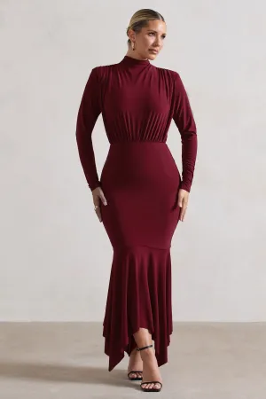Carla | Berry High-Neck Maxi Dress With Draped Hem Club L London