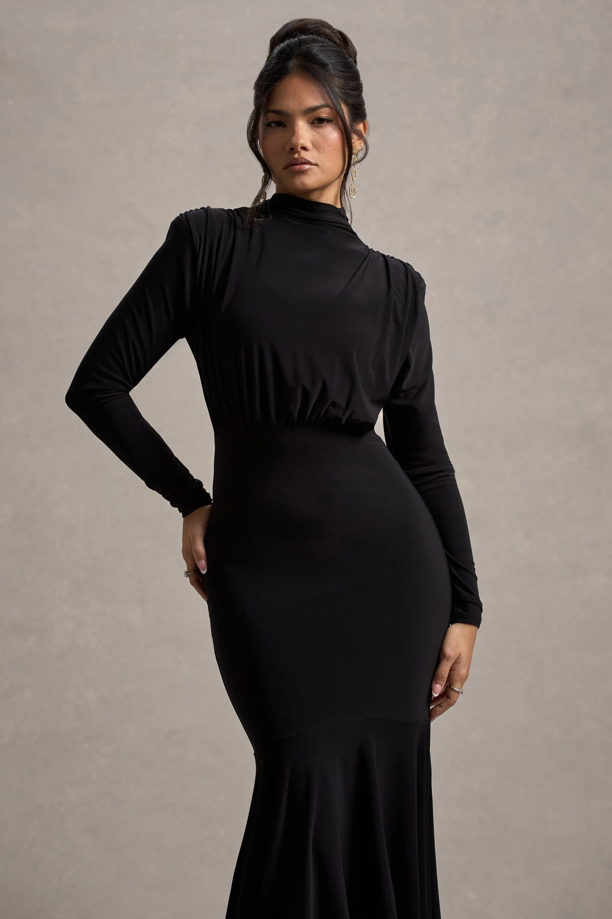 Carla | Black High-Neck Maxi Dress With Draped Hem Club L London