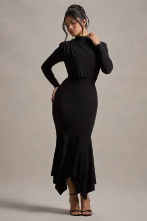 Carla | Black High-Neck Maxi Dress With Draped Hem Club L London