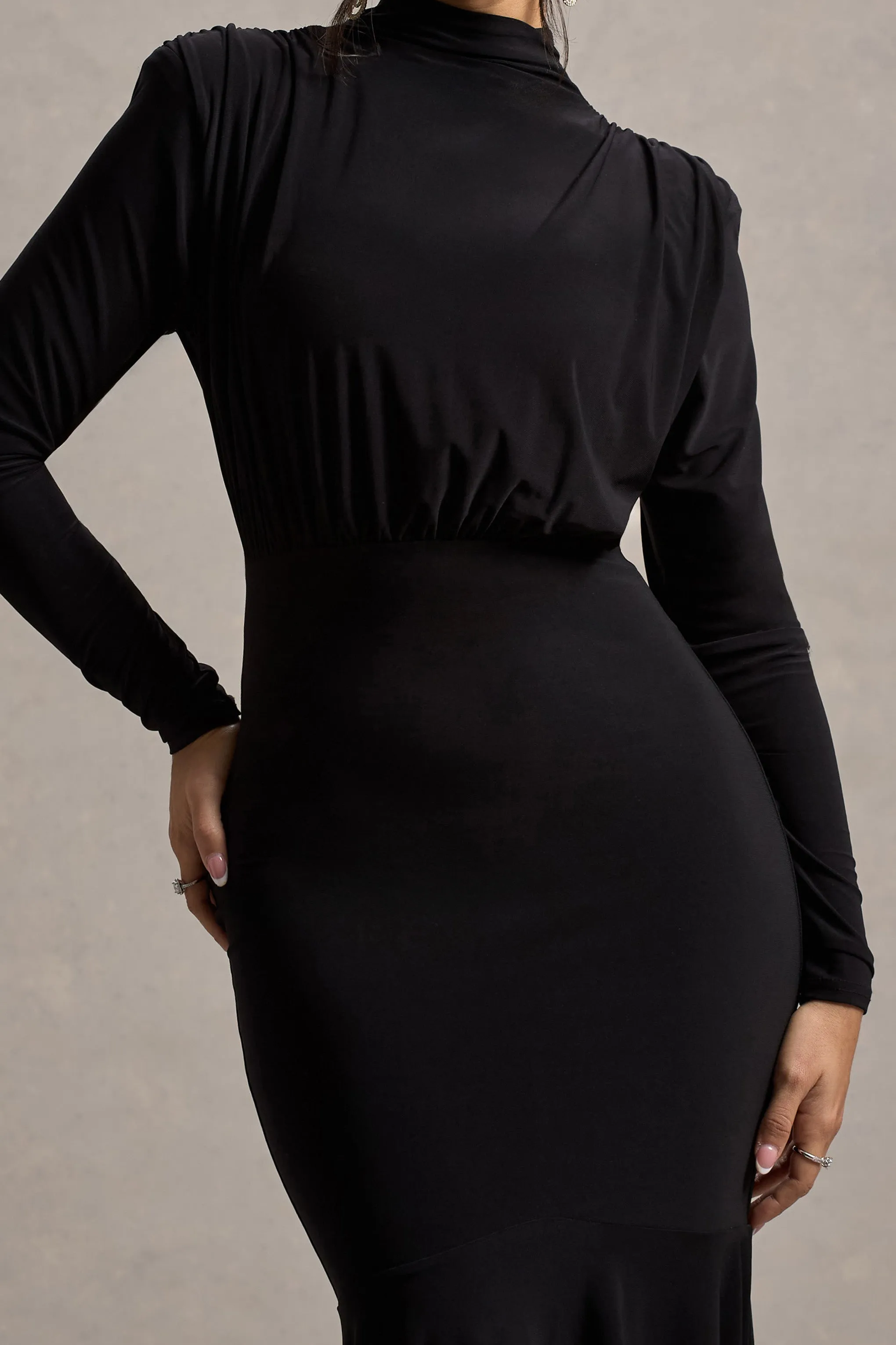 Carla | Black High-Neck Maxi Dress With Draped Hem Club L London