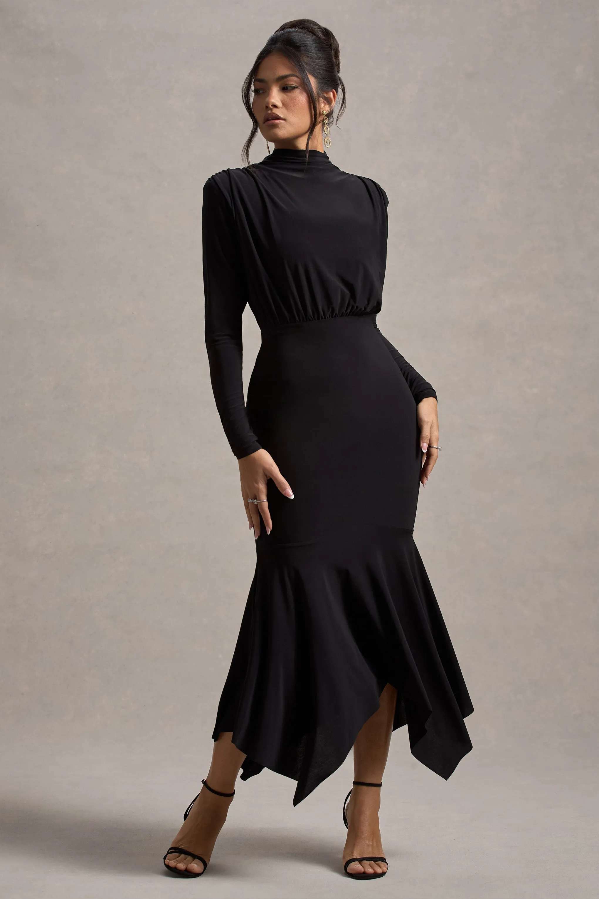 Carla | Black High-Neck Maxi Dress With Draped Hem Club L London