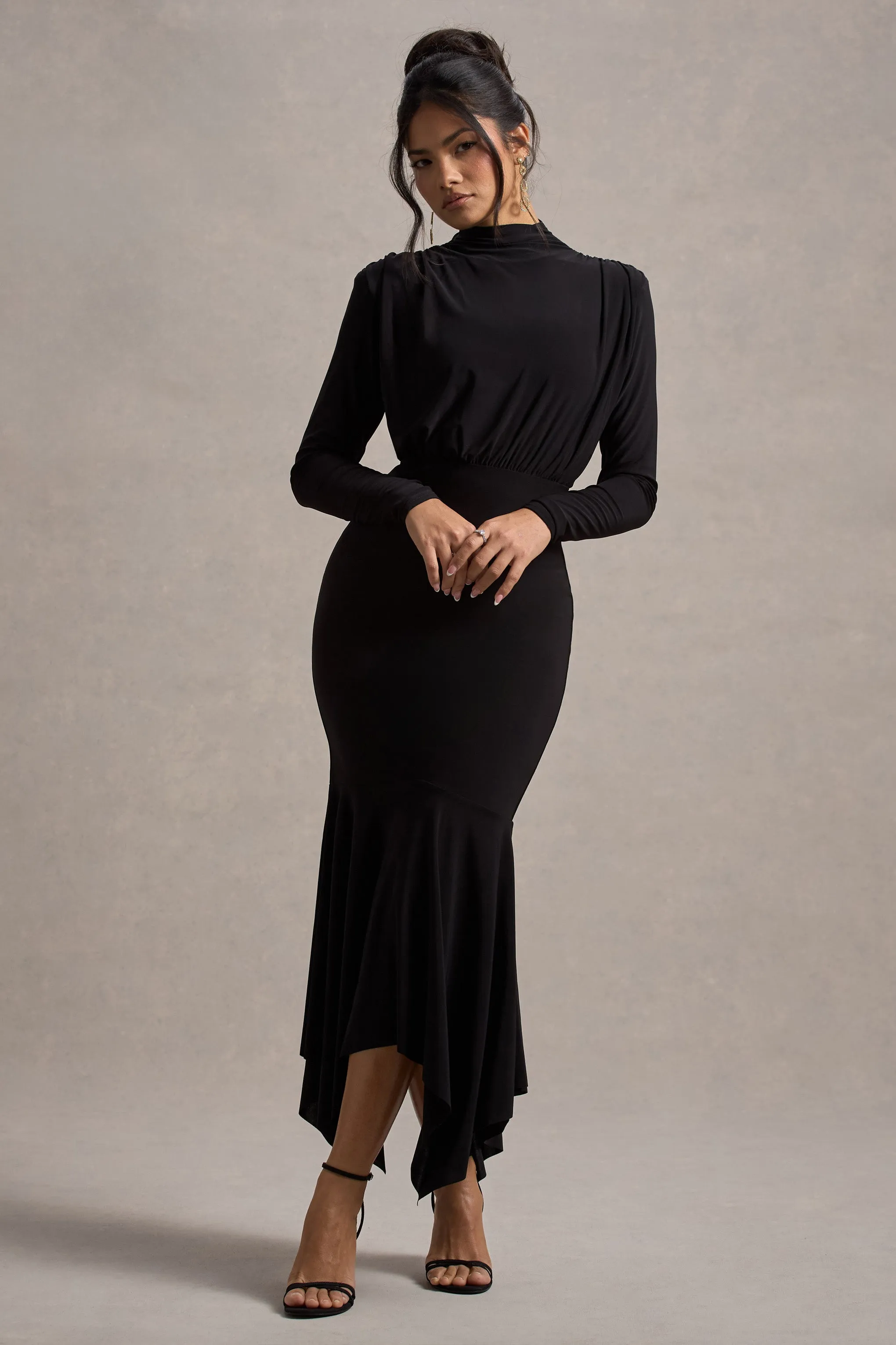 Carla | Black High-Neck Maxi Dress With Draped Hem Club L London