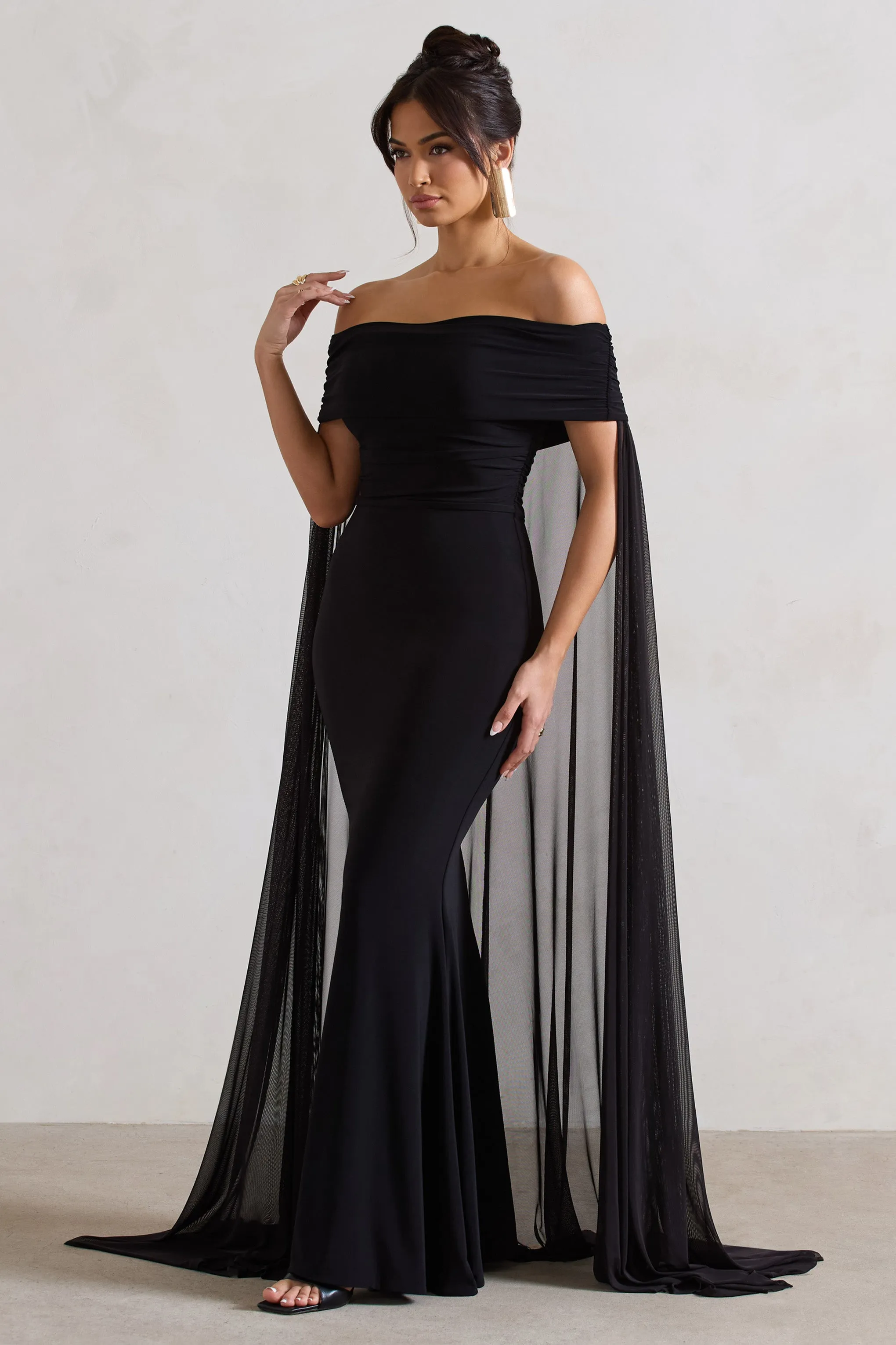 Carlotta | Black Bardot Maxi Dress With Chiffon Cape Club L London