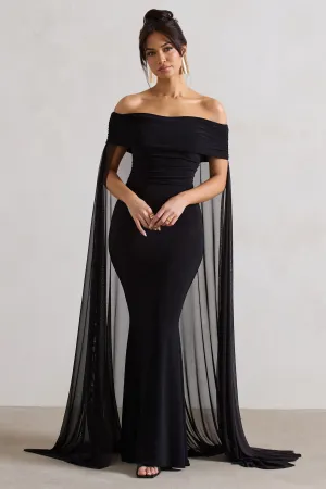 Carlotta | Black Bardot Maxi Dress With Chiffon Cape Club L London