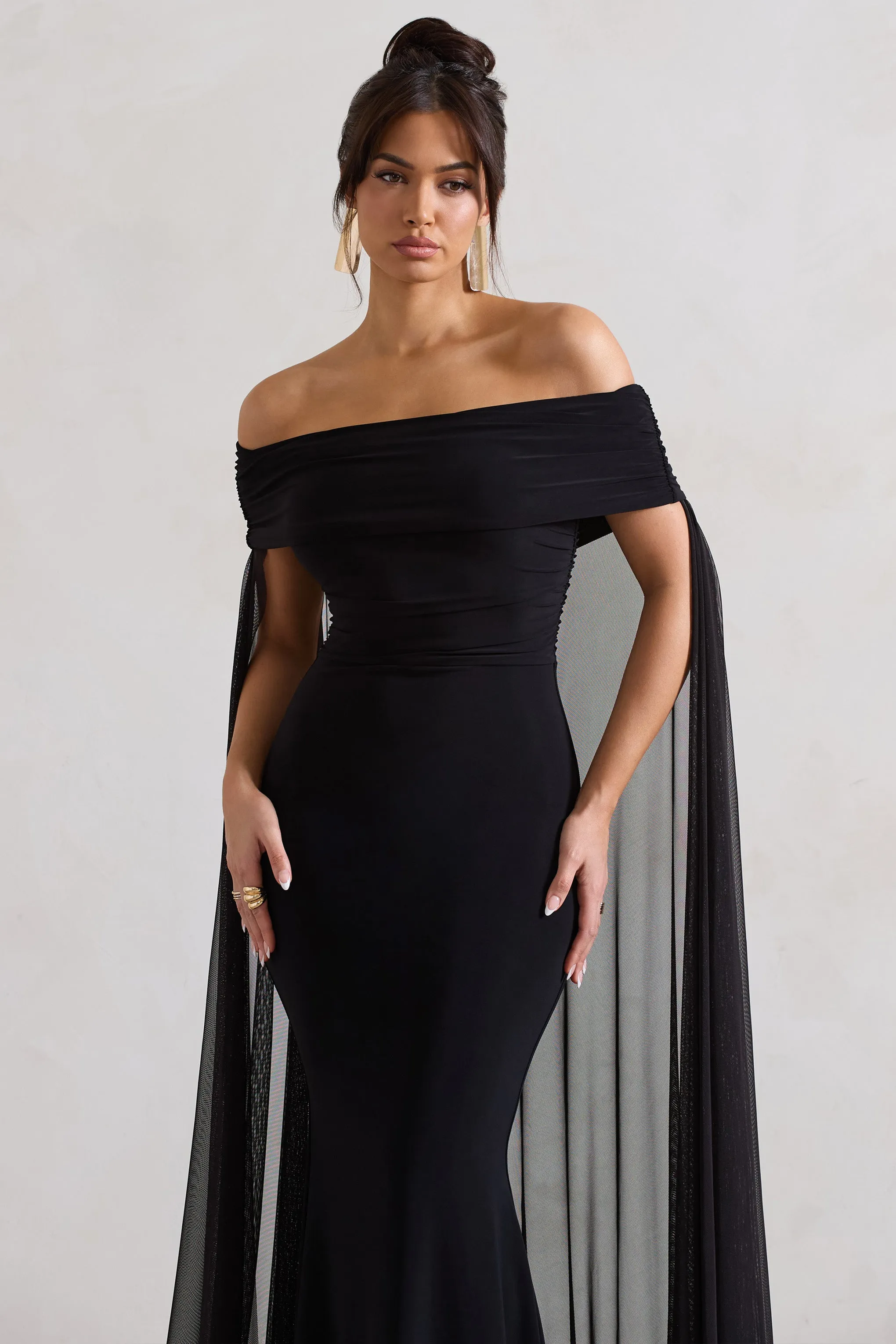 Carlotta | Black Bardot Maxi Dress With Chiffon Cape Club L London