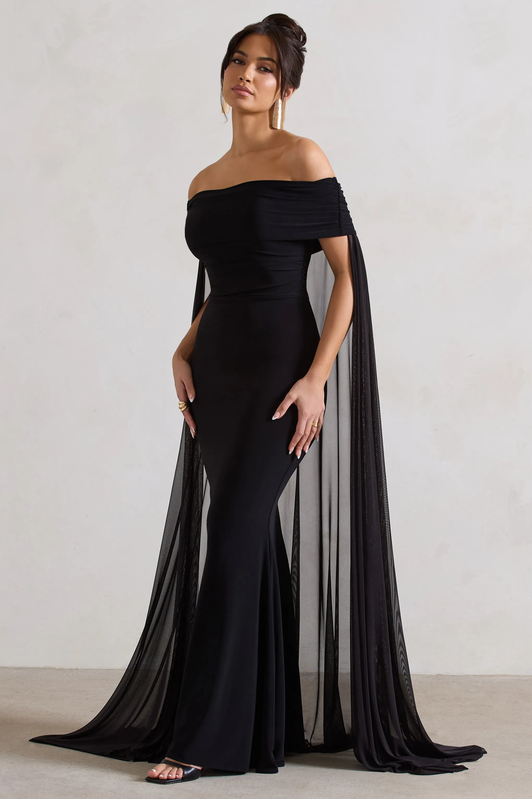 Carlotta | Black Bardot Maxi Dress With Chiffon Cape Club L London