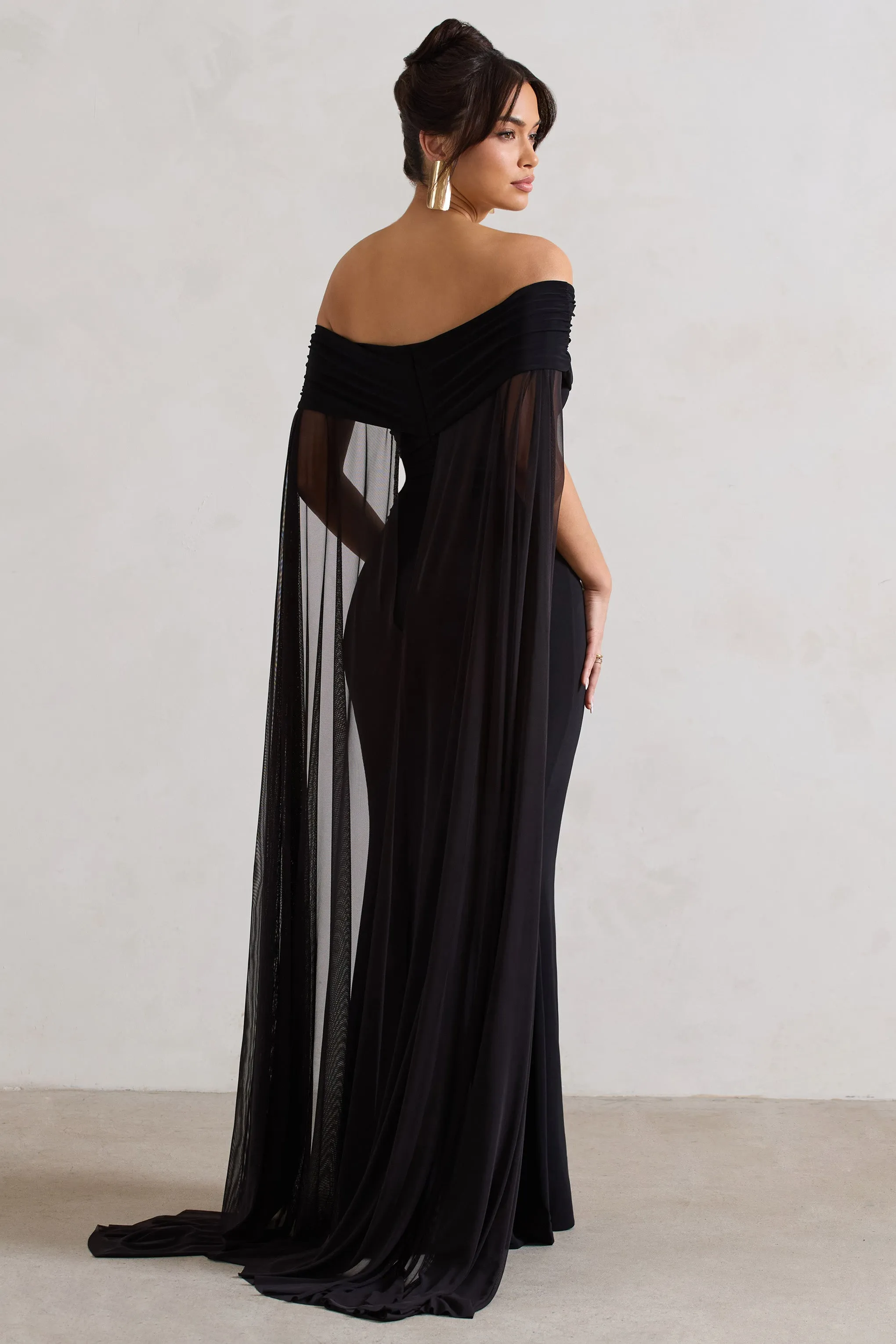 Carlotta | Black Bardot Maxi Dress With Chiffon Cape Club L London