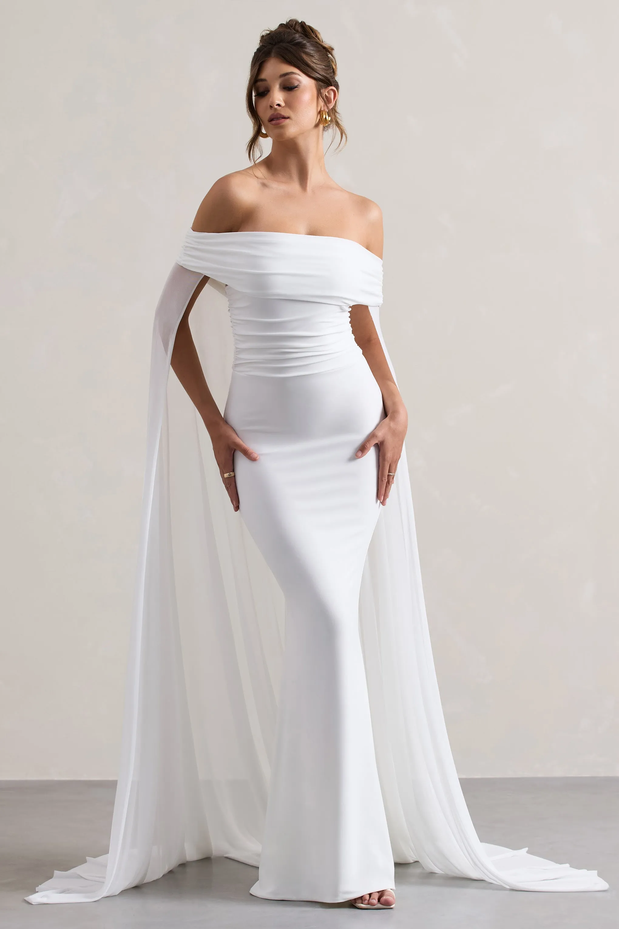Carlotta | White Bardot Maxi Dress With Chiffon Cape Club L London