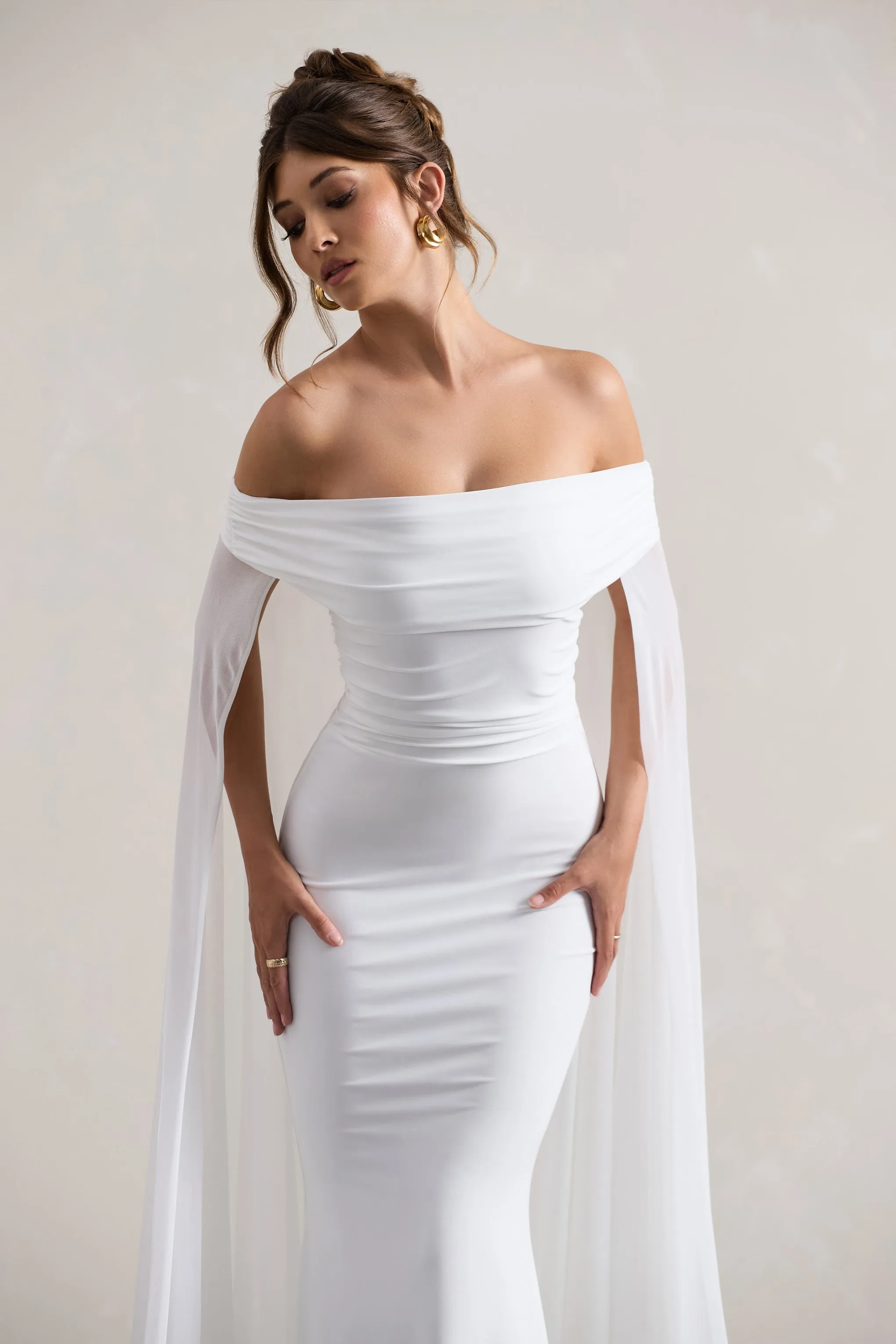 Carlotta | White Bardot Maxi Dress With Chiffon Cape Club L London