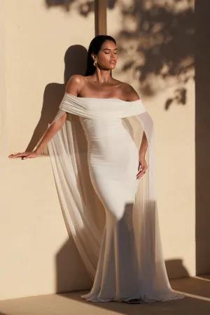 Carlotta | White Bardot Maxi Dress With Chiffon Cape Club L London