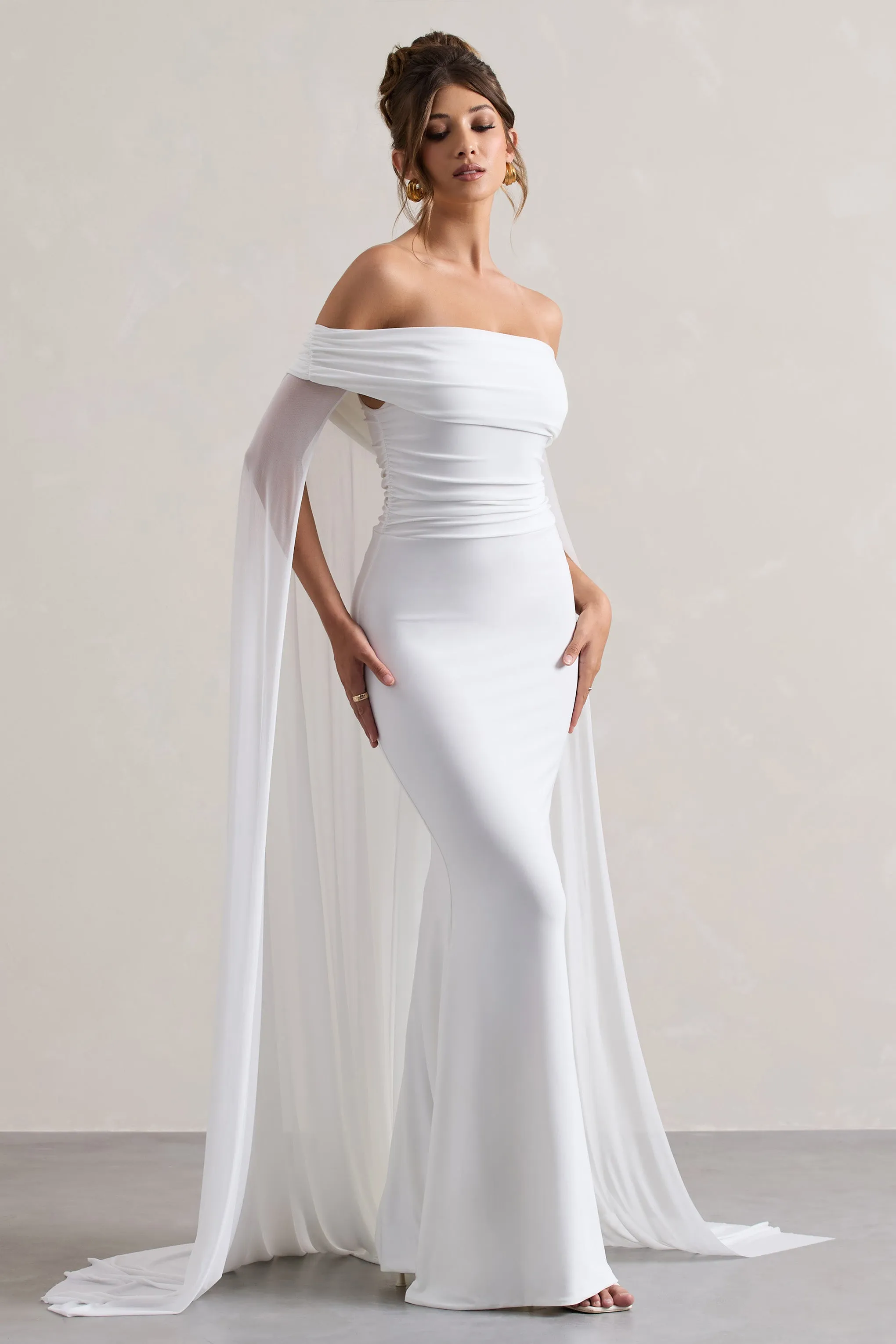Carlotta | White Bardot Maxi Dress With Chiffon Cape Club L London