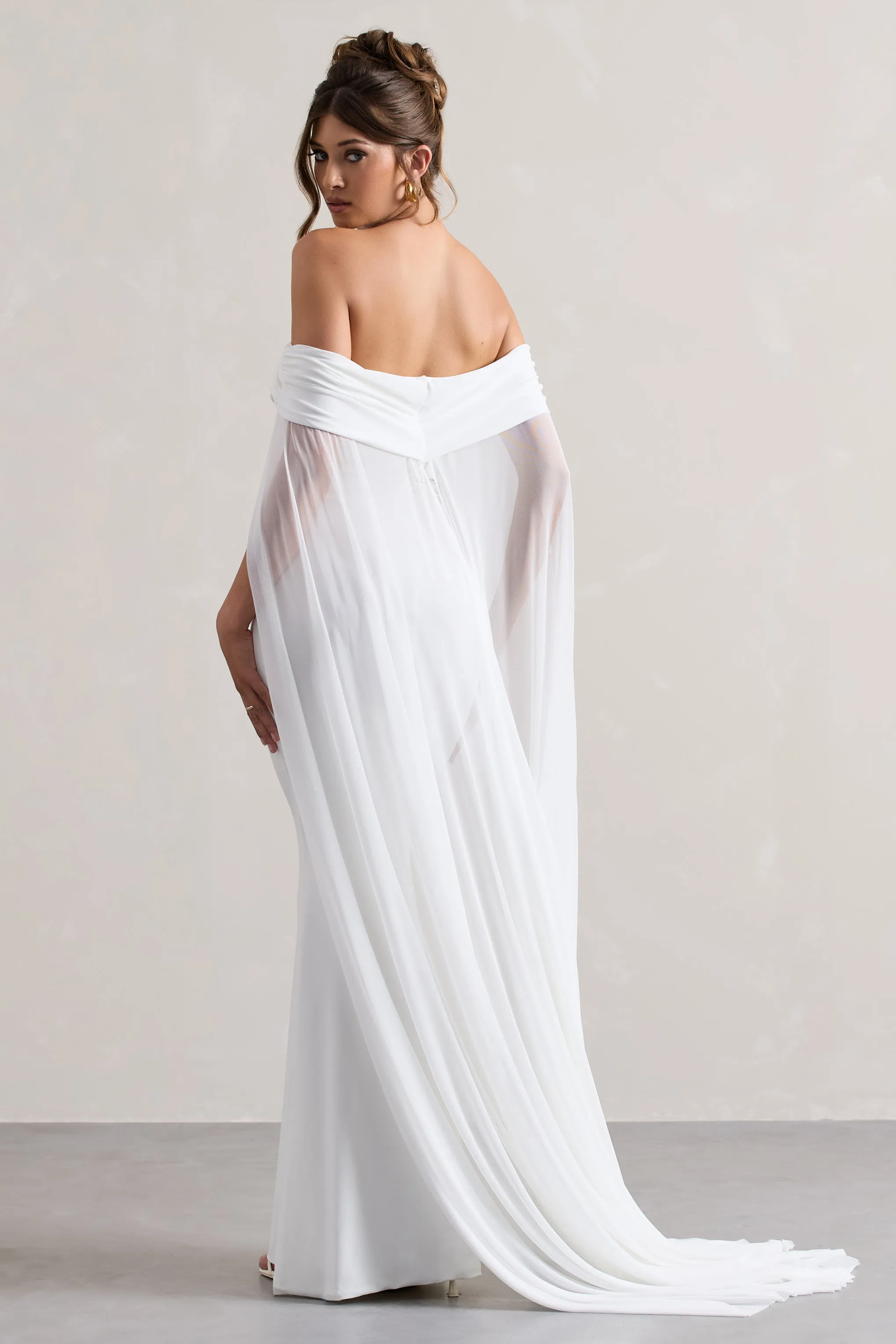 Carlotta | White Bardot Maxi Dress With Chiffon Cape Club L London