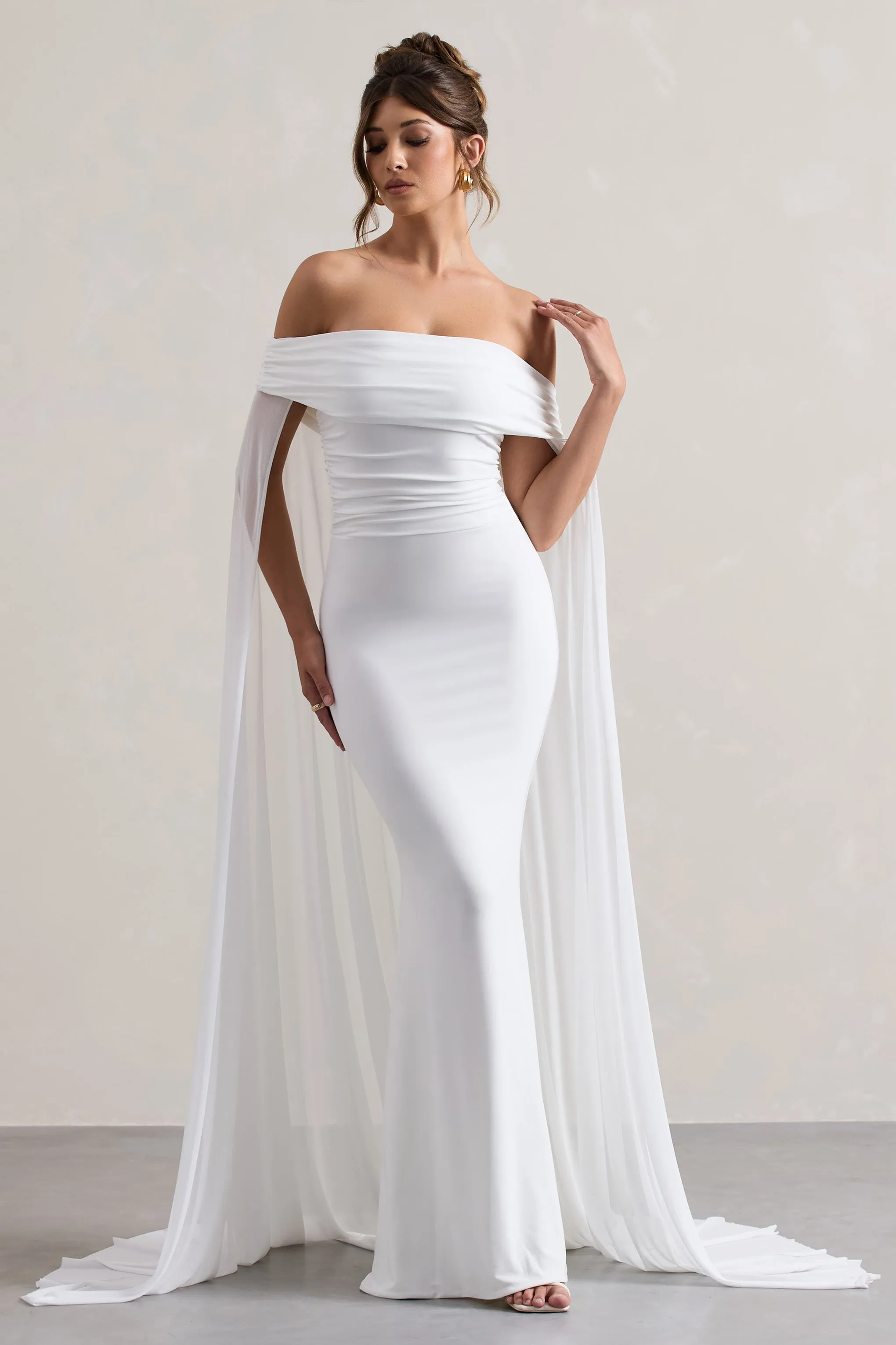 Carlotta | White Bardot Maxi Dress With Chiffon Cape Club L London