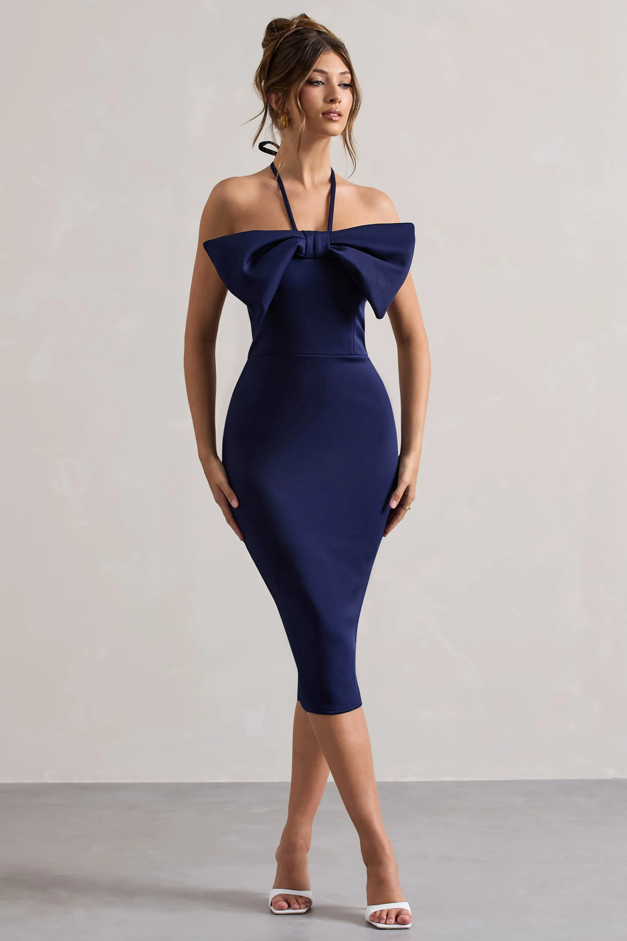 Carly | Navy Halter-Neck Midi Dress With Bow Club L London