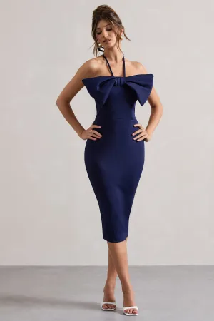 Carly | Navy Halter-Neck Midi Dress With Bow Club L London