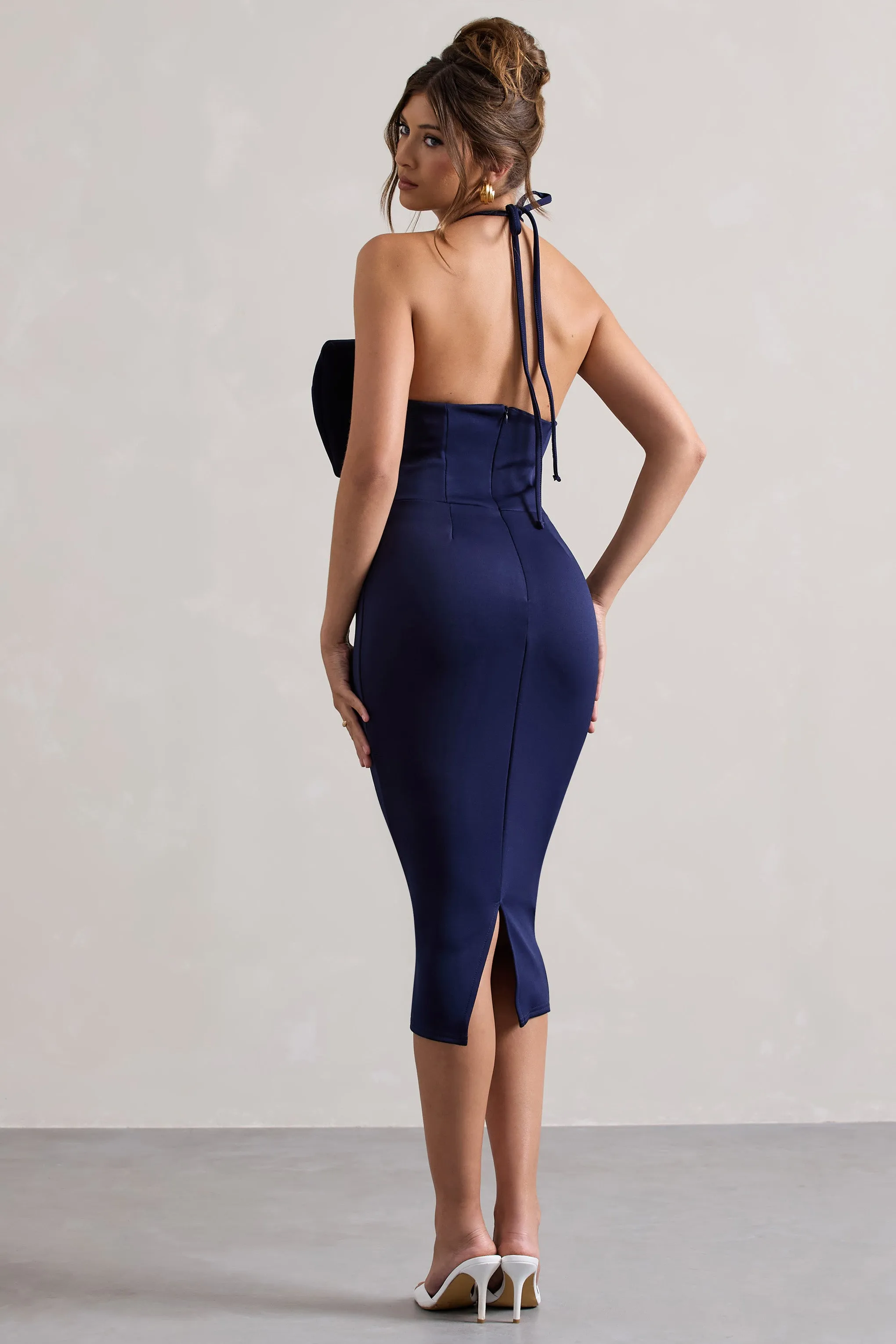 Carly | Navy Halter-Neck Midi Dress With Bow Club L London