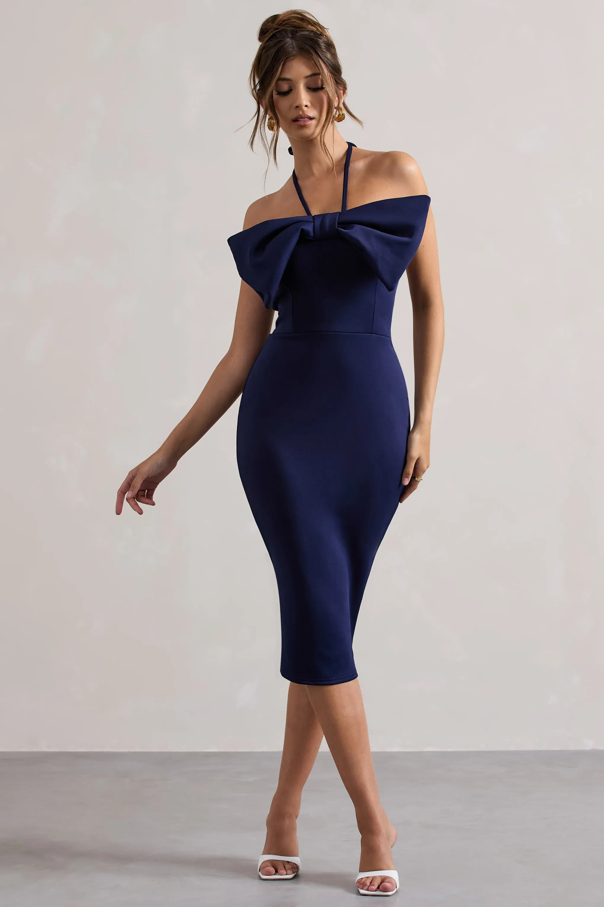 Carly | Navy Halter-Neck Midi Dress With Bow Club L London