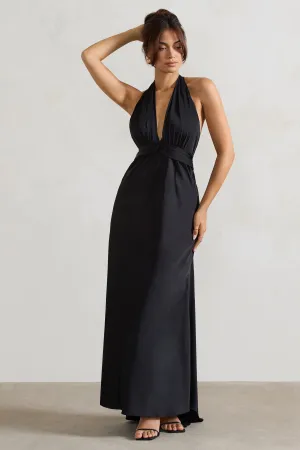 Carolyn | Black Satin Plunge Maxi Dress With Dipped Hem Club L London