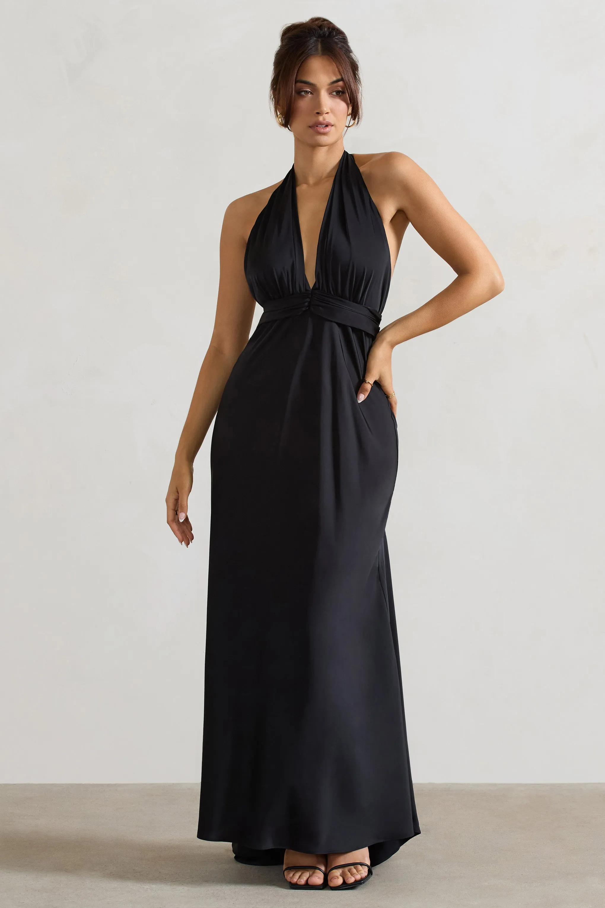 Carolyn | Black Satin Plunge Maxi Dress With Dipped Hem Club L London