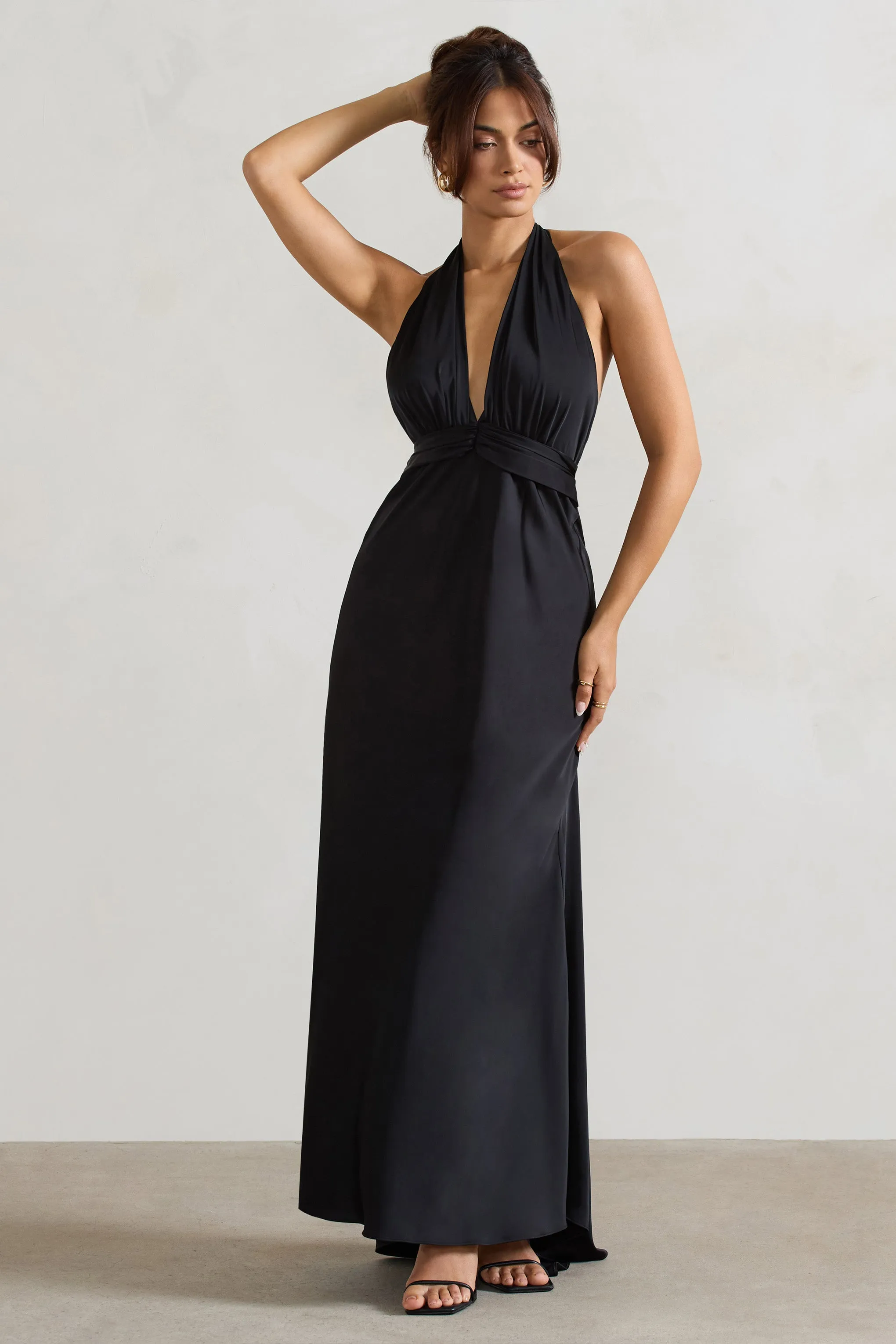 Carolyn | Black Satin Plunge Maxi Dress With Dipped Hem Club L London