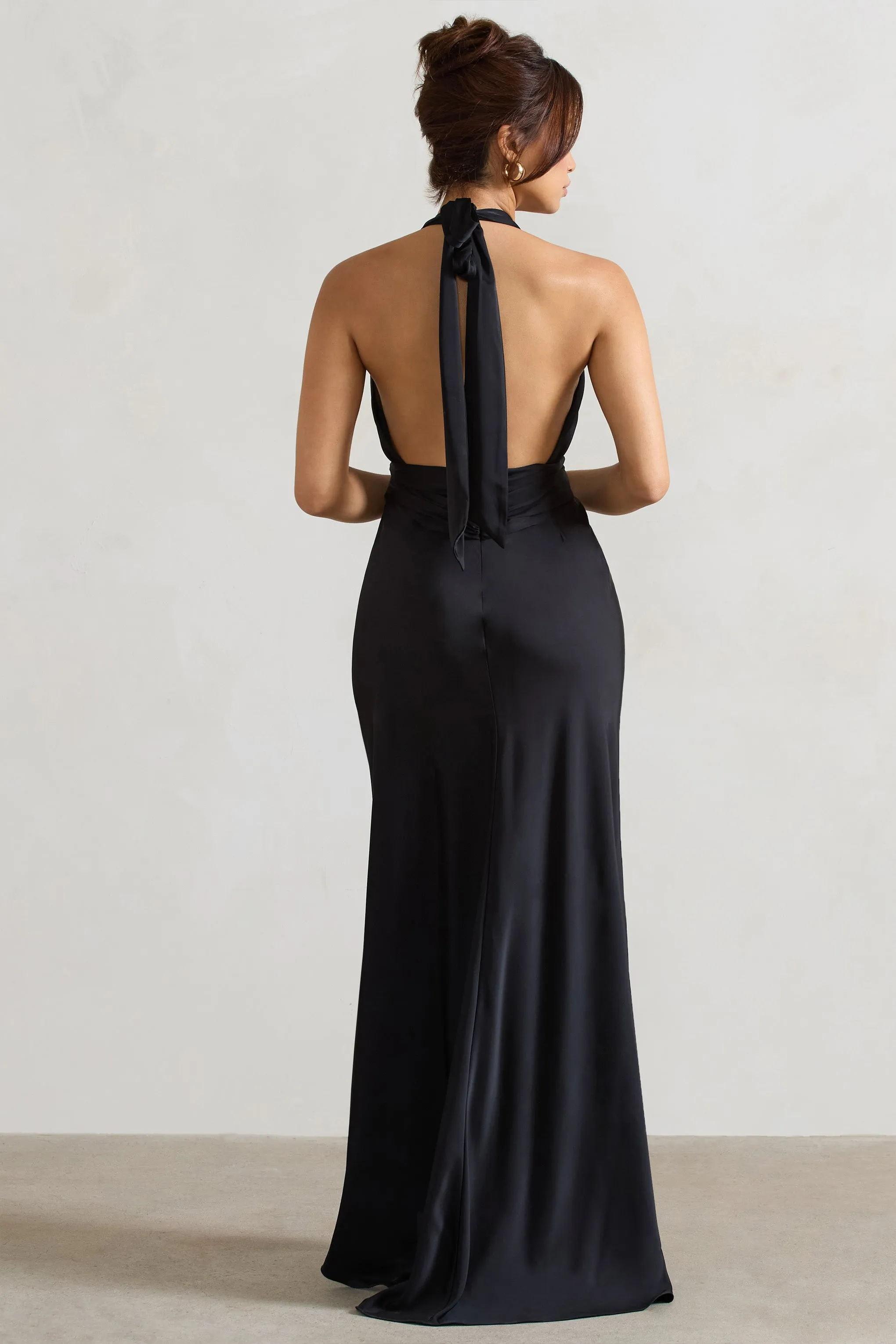 Carolyn | Black Satin Plunge Maxi Dress With Dipped Hem Club L London