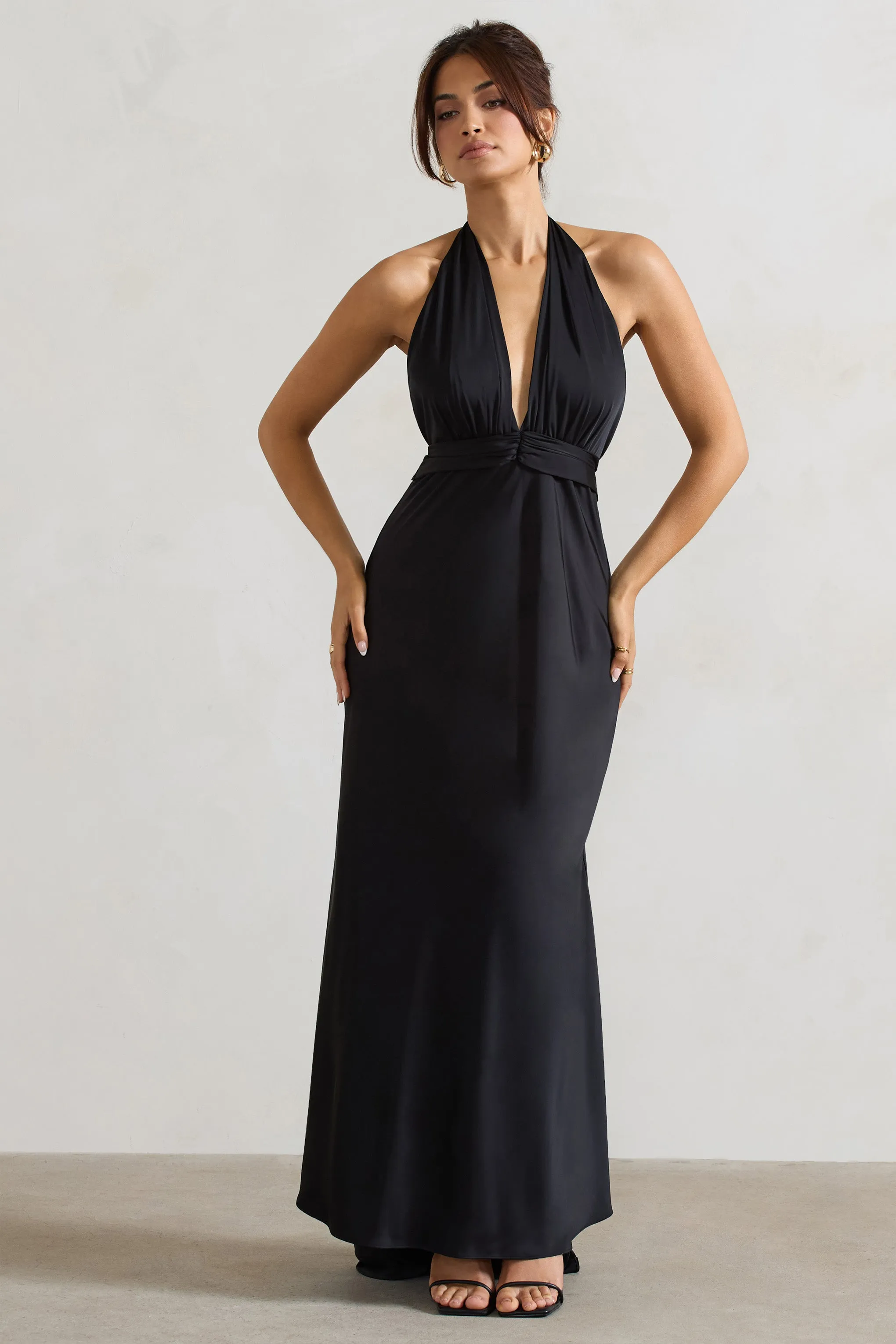 Carolyn | Black Satin Plunge Maxi Dress With Dipped Hem Club L London