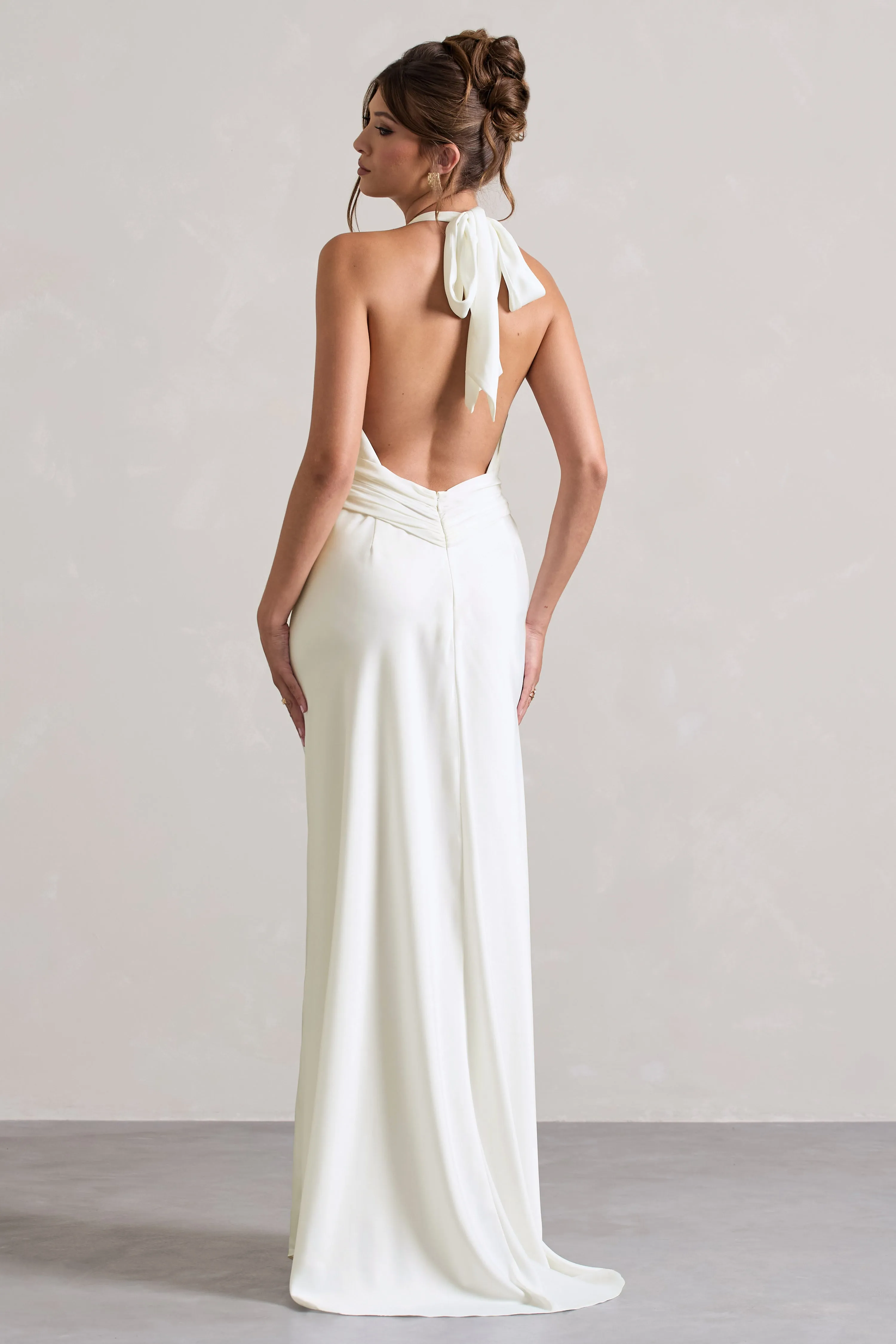 Carolyn | Ivory Satin Plunge Maxi Dress With Dipped Hem Club L London