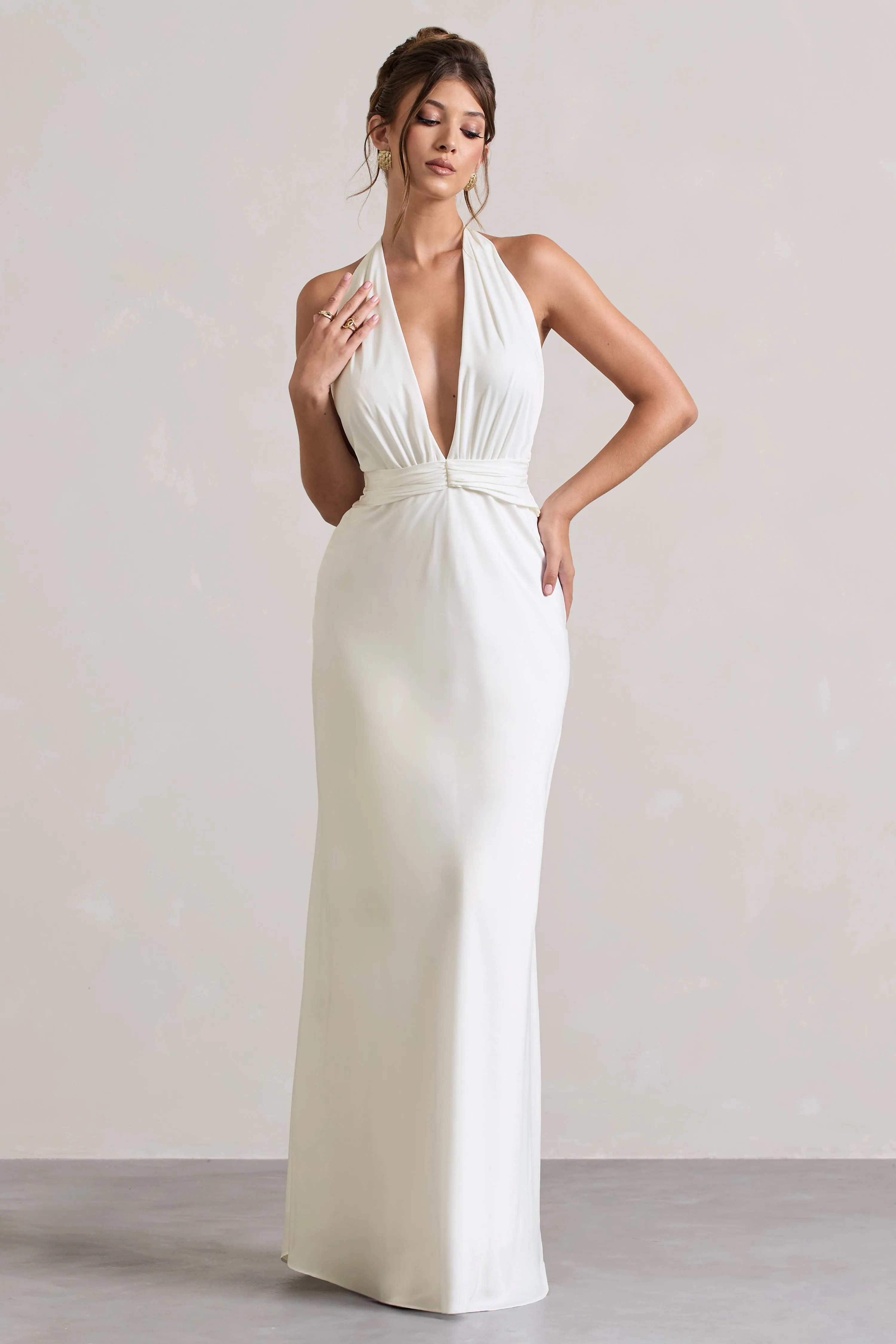 Carolyn | Ivory Satin Plunge Maxi Dress With Dipped Hem Club L London