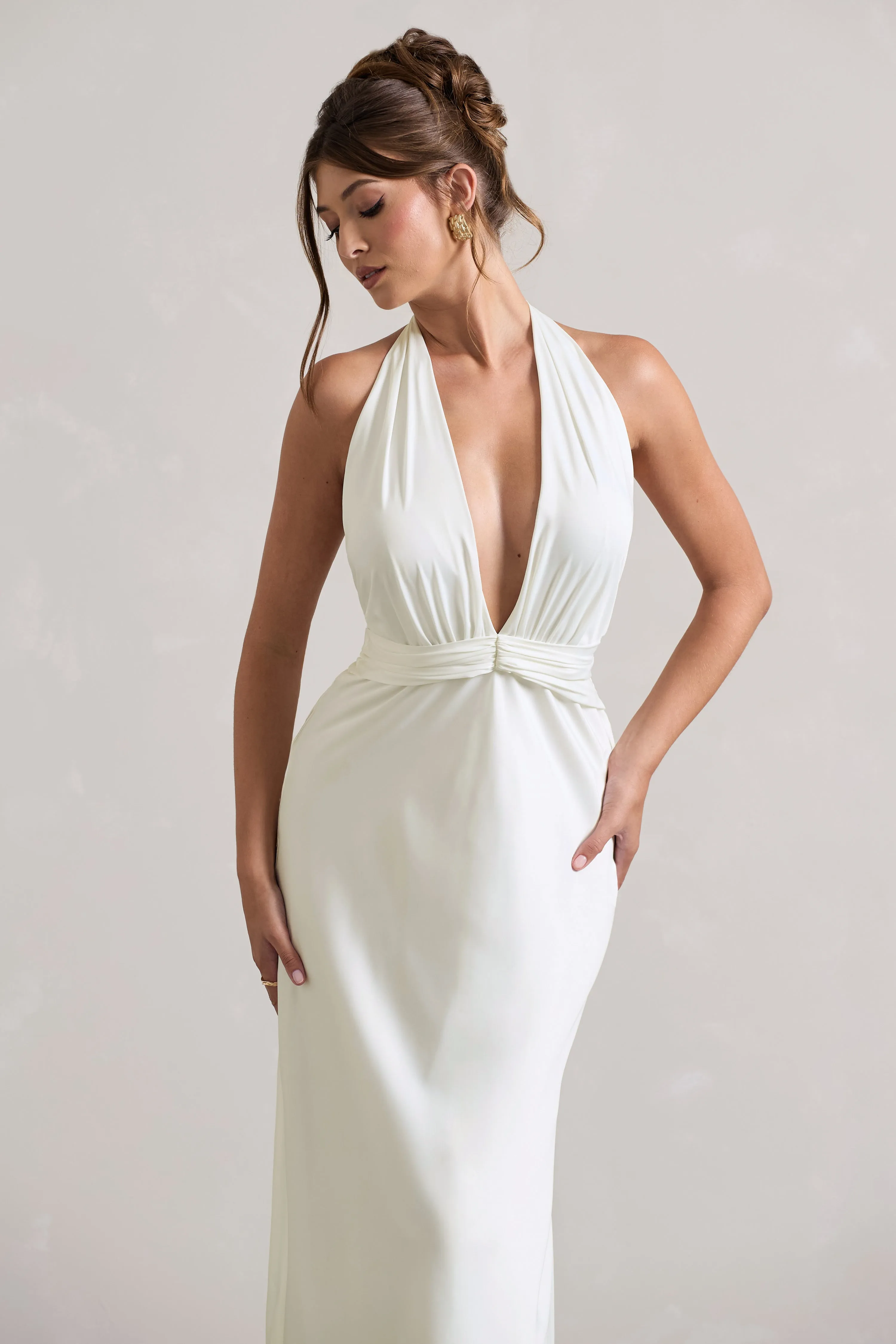 Carolyn | Ivory Satin Plunge Maxi Dress With Dipped Hem Club L London