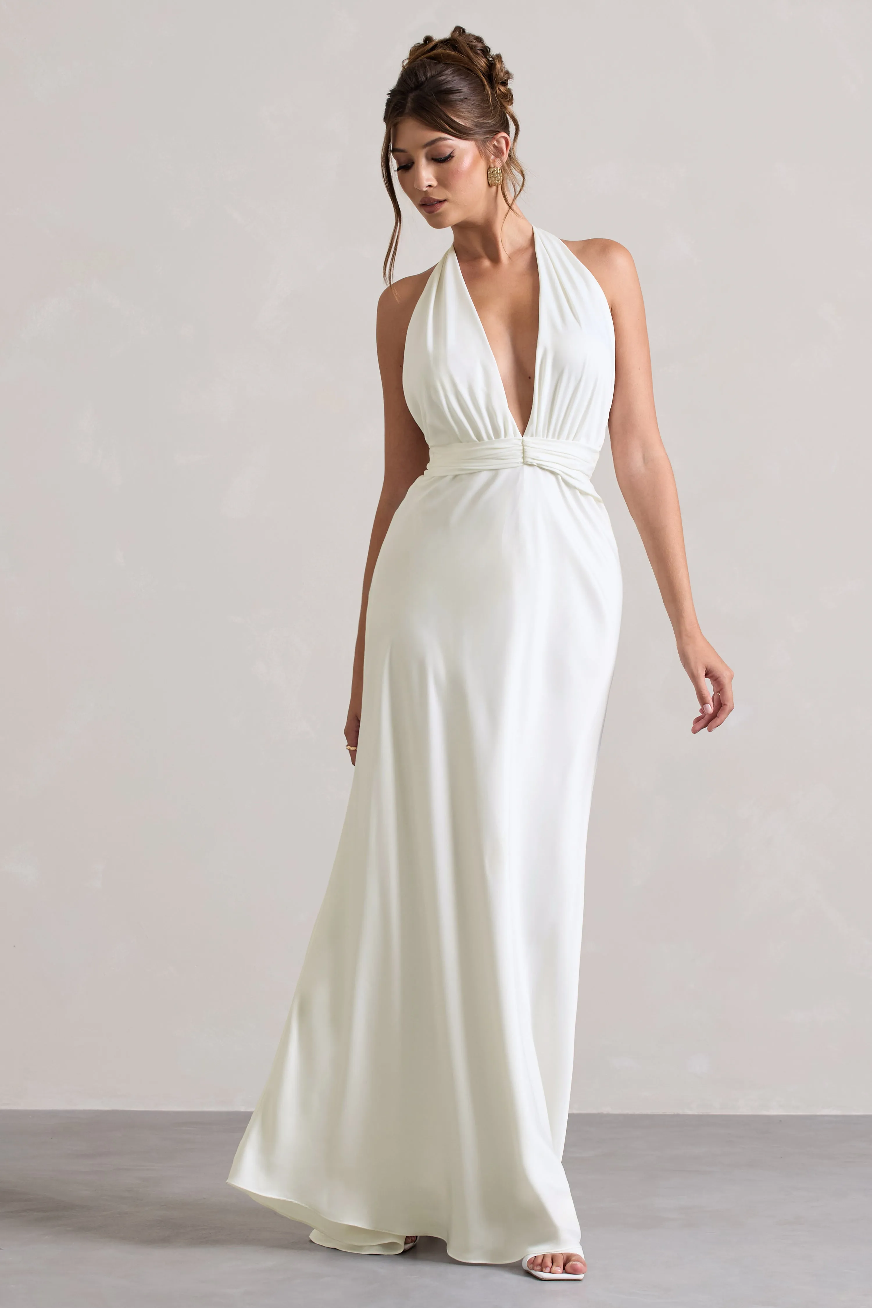 Carolyn | Ivory Satin Plunge Maxi Dress With Dipped Hem Club L London