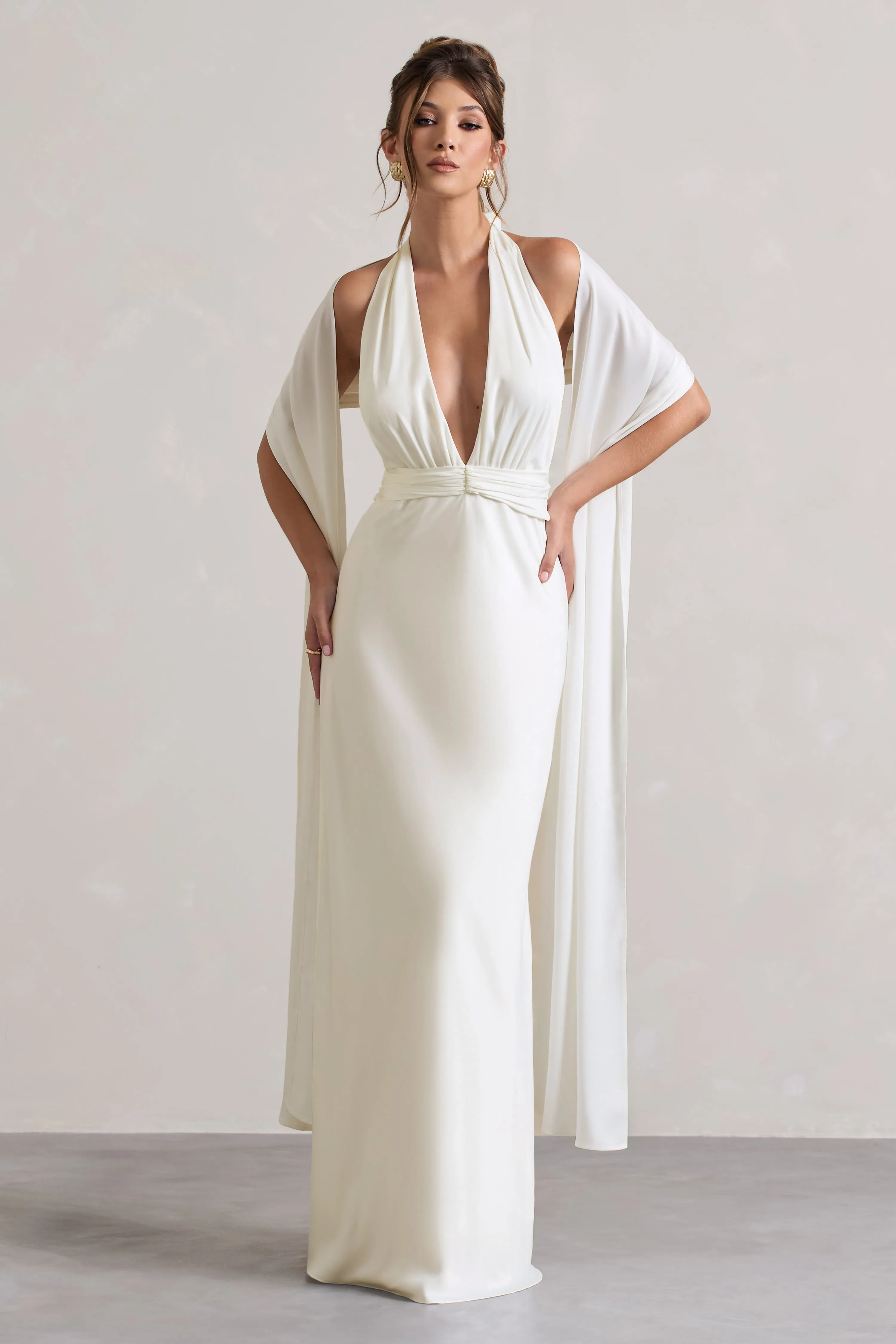 Carolyn | Ivory Satin Plunge Maxi Dress With Dipped Hem Club L London