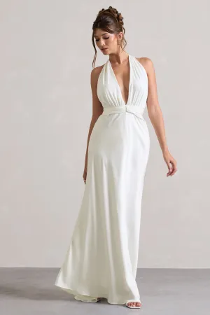Carolyn | Ivory Satin Plunge Maxi Dress With Dipped Hem Club L London