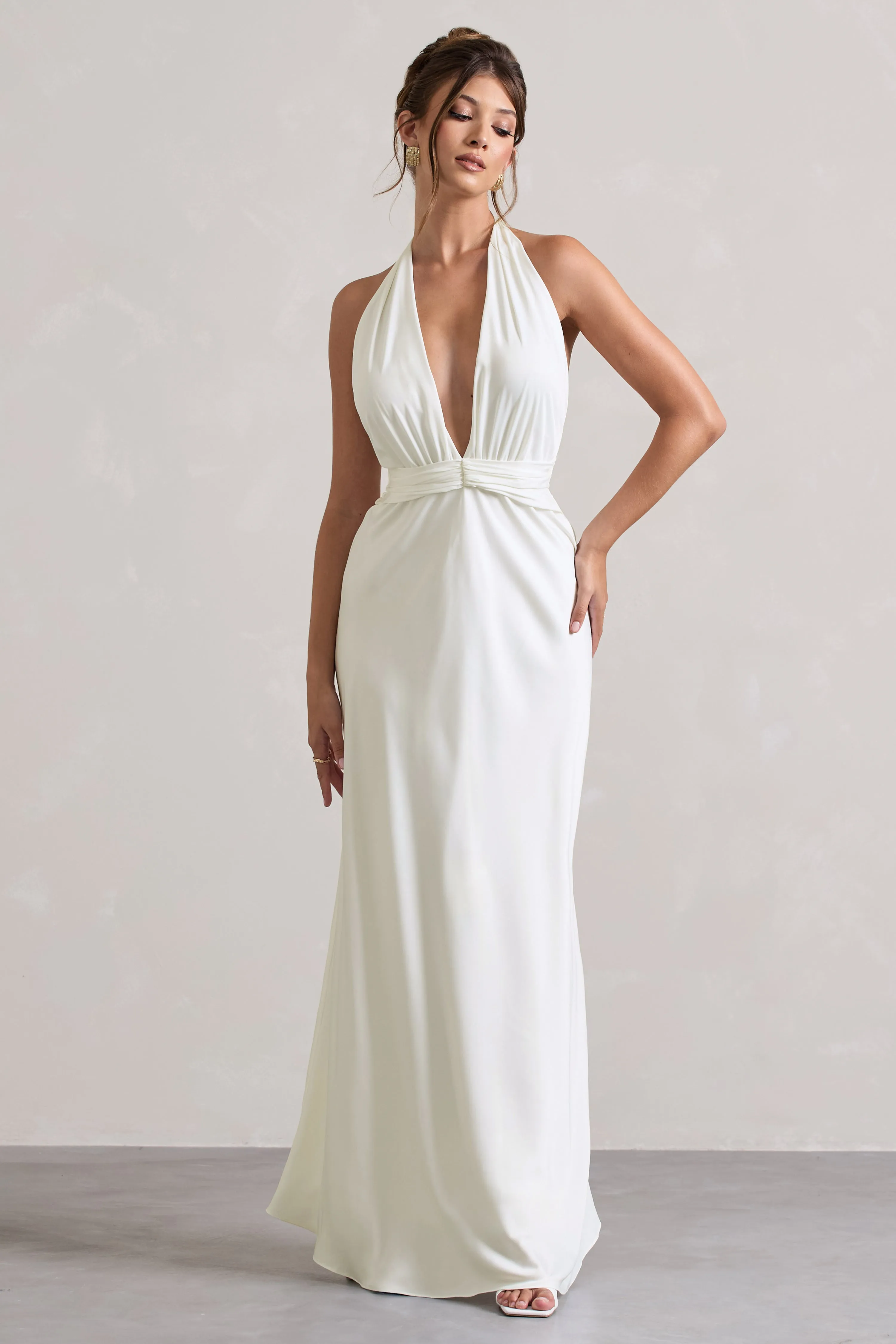 Carolyn | Ivory Satin Plunge Maxi Dress With Dipped Hem Club L London