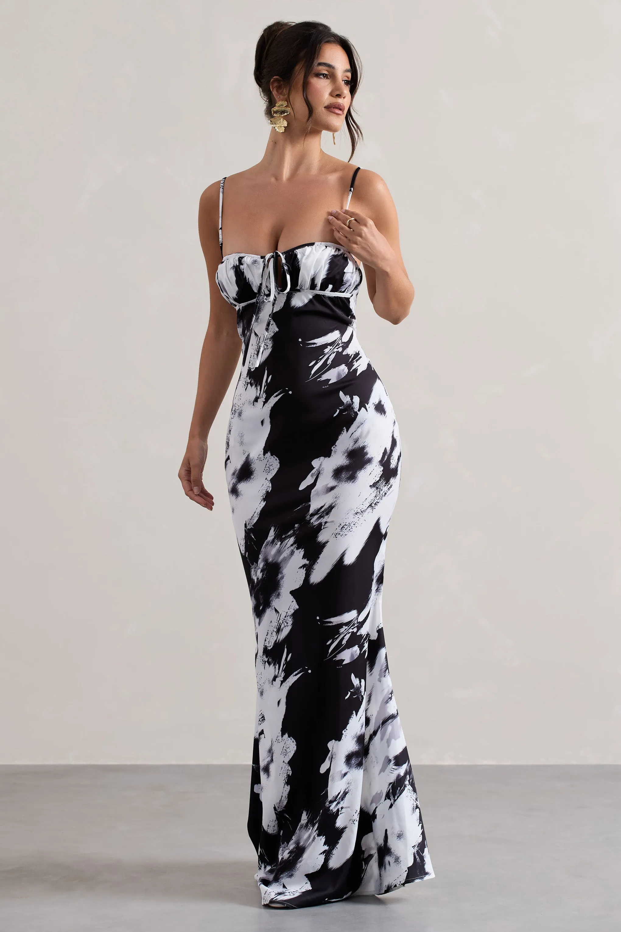 Casablanca | Monochrome Floral Print Satin Sweetheart Maxi Dress Club L London