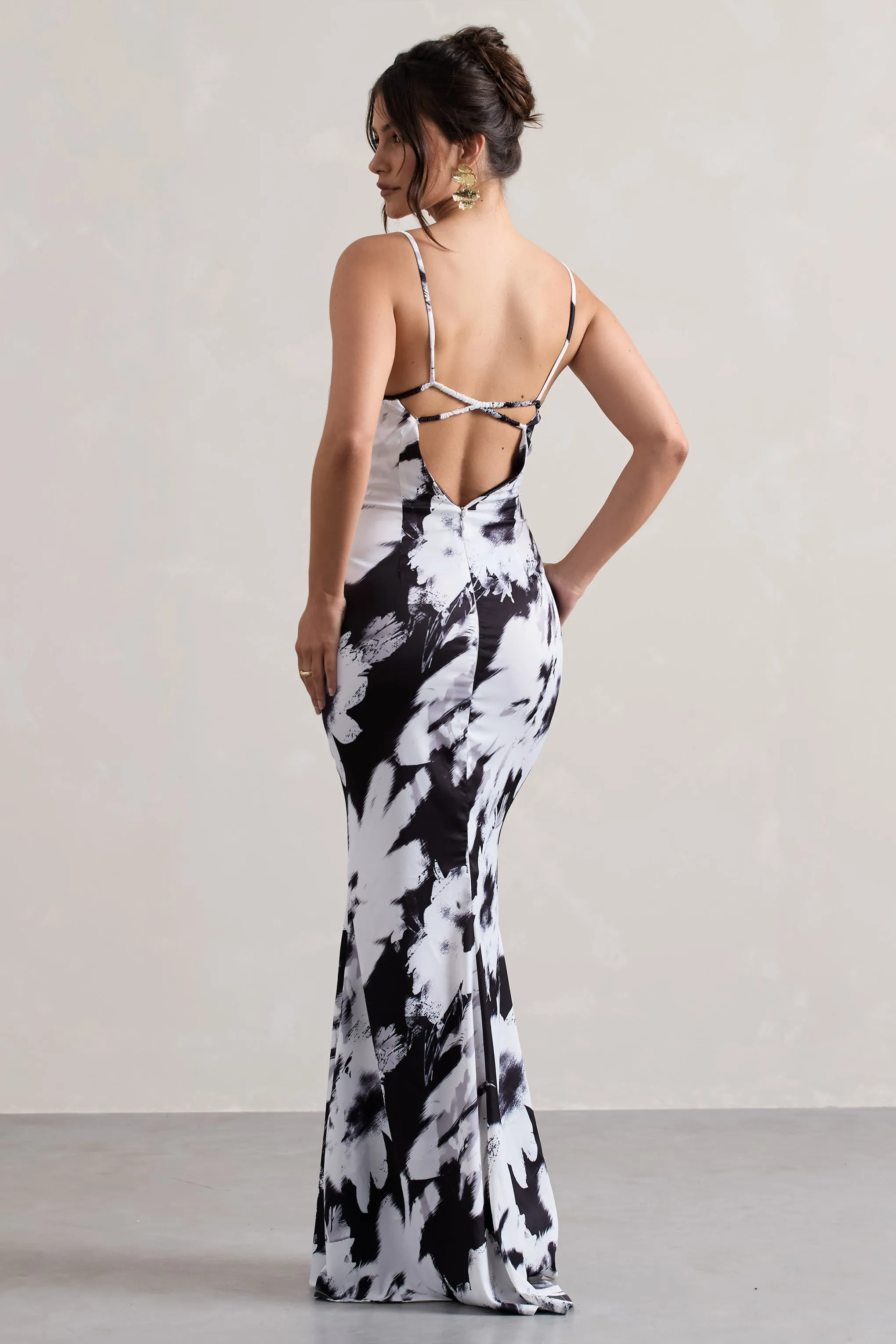 Casablanca | Monochrome Floral Print Satin Sweetheart Maxi Dress Club L London
