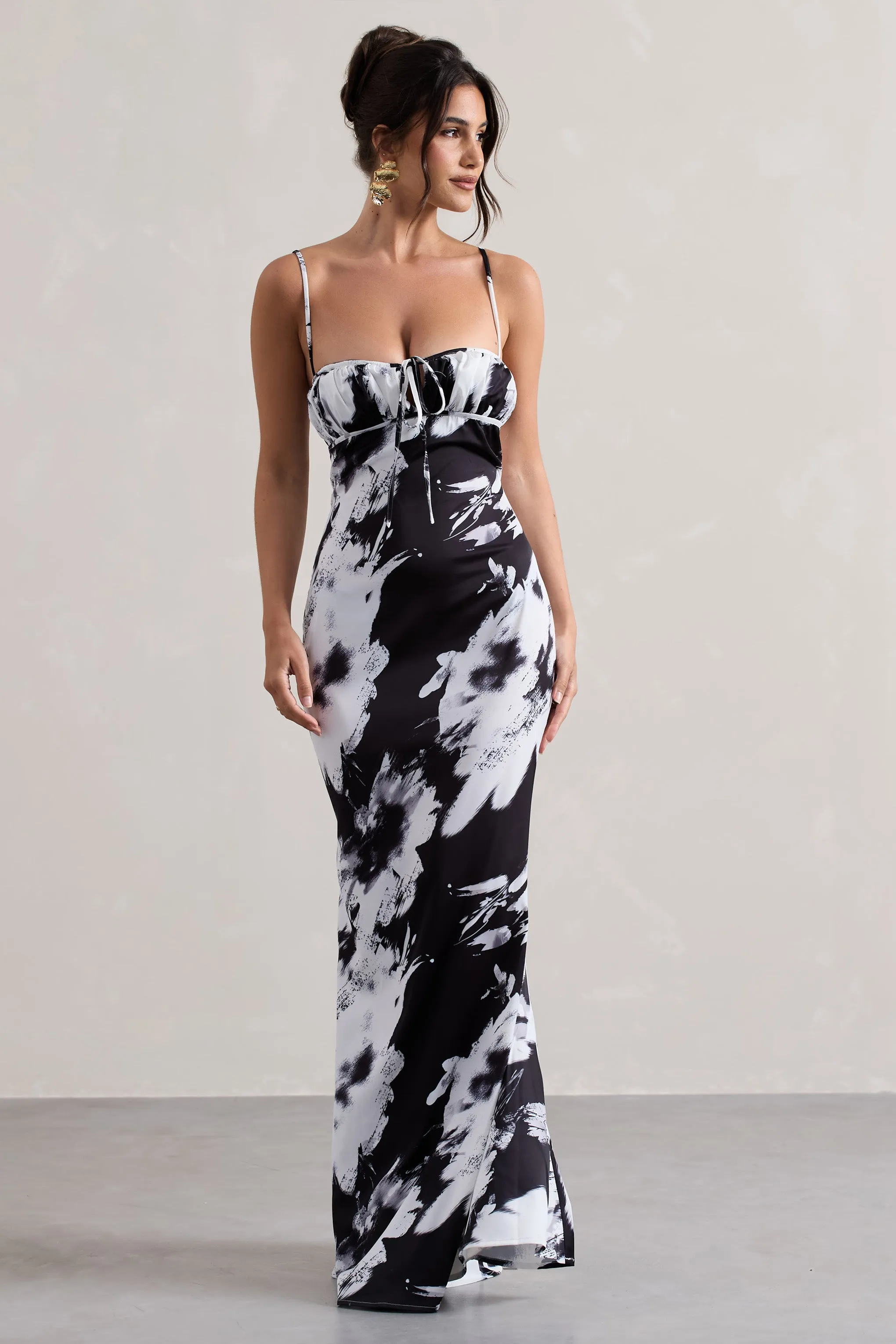 Casablanca | Monochrome Floral Print Satin Sweetheart Maxi Dress Club L London