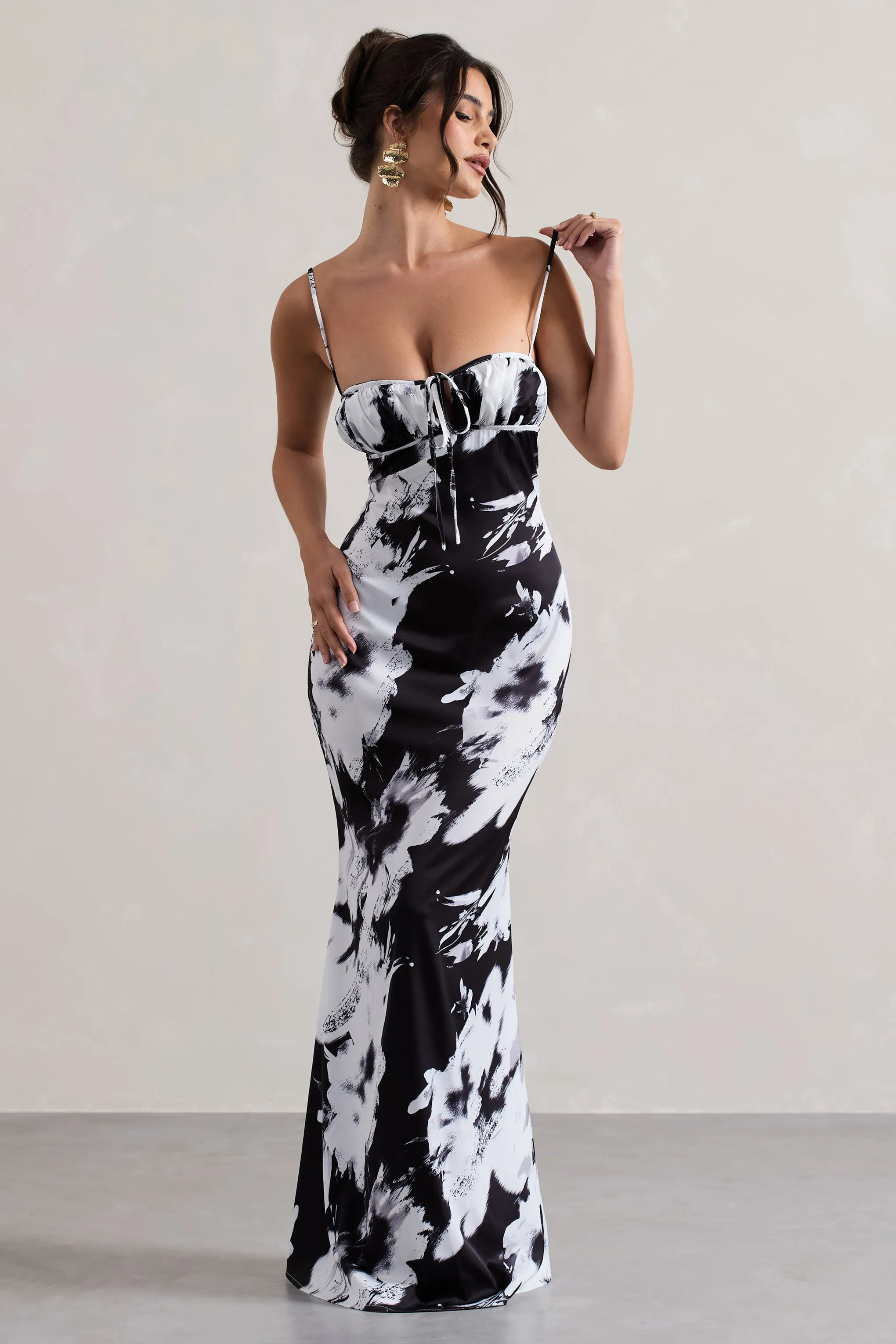 Casablanca | Monochrome Floral Print Satin Sweetheart Maxi Dress Club L London