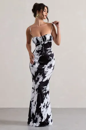 Casablanca | Monochrome Floral Print Satin Sweetheart Maxi Dress Club L London