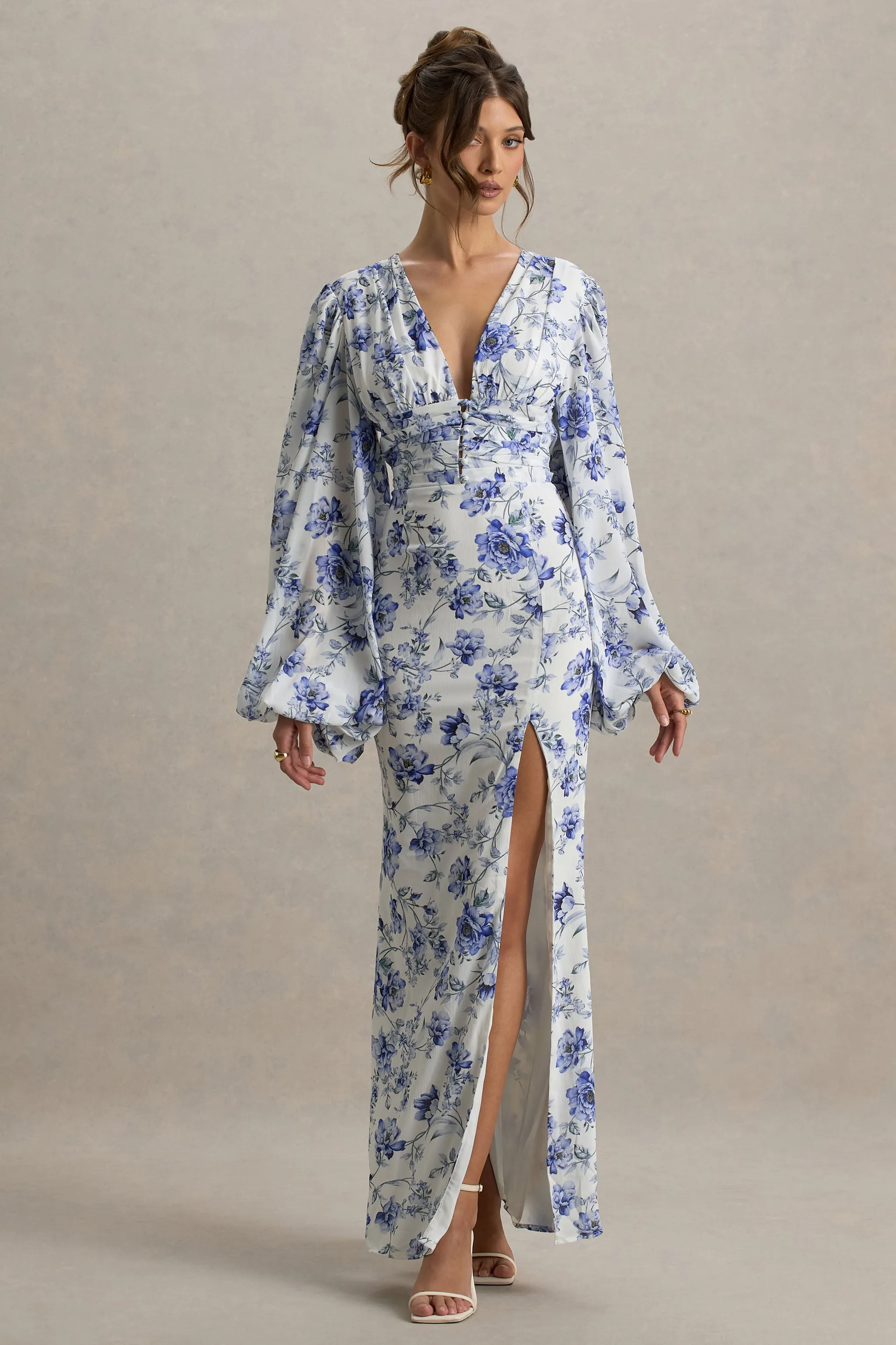 Casarile | Blue Floral Print V-Neck Balloon Sleeve Maxi Dress Club L London