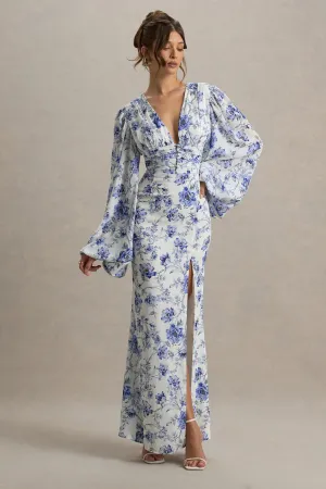 Casarile | Blue Floral Print V-Neck Balloon Sleeve Maxi Dress Club L London