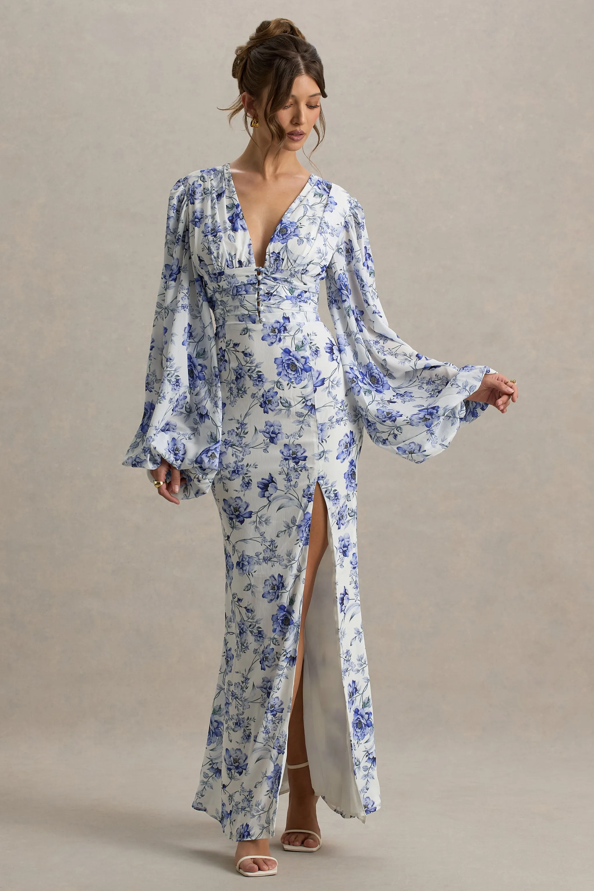 Casarile | Blue Floral Print V-Neck Balloon Sleeve Maxi Dress Club L London