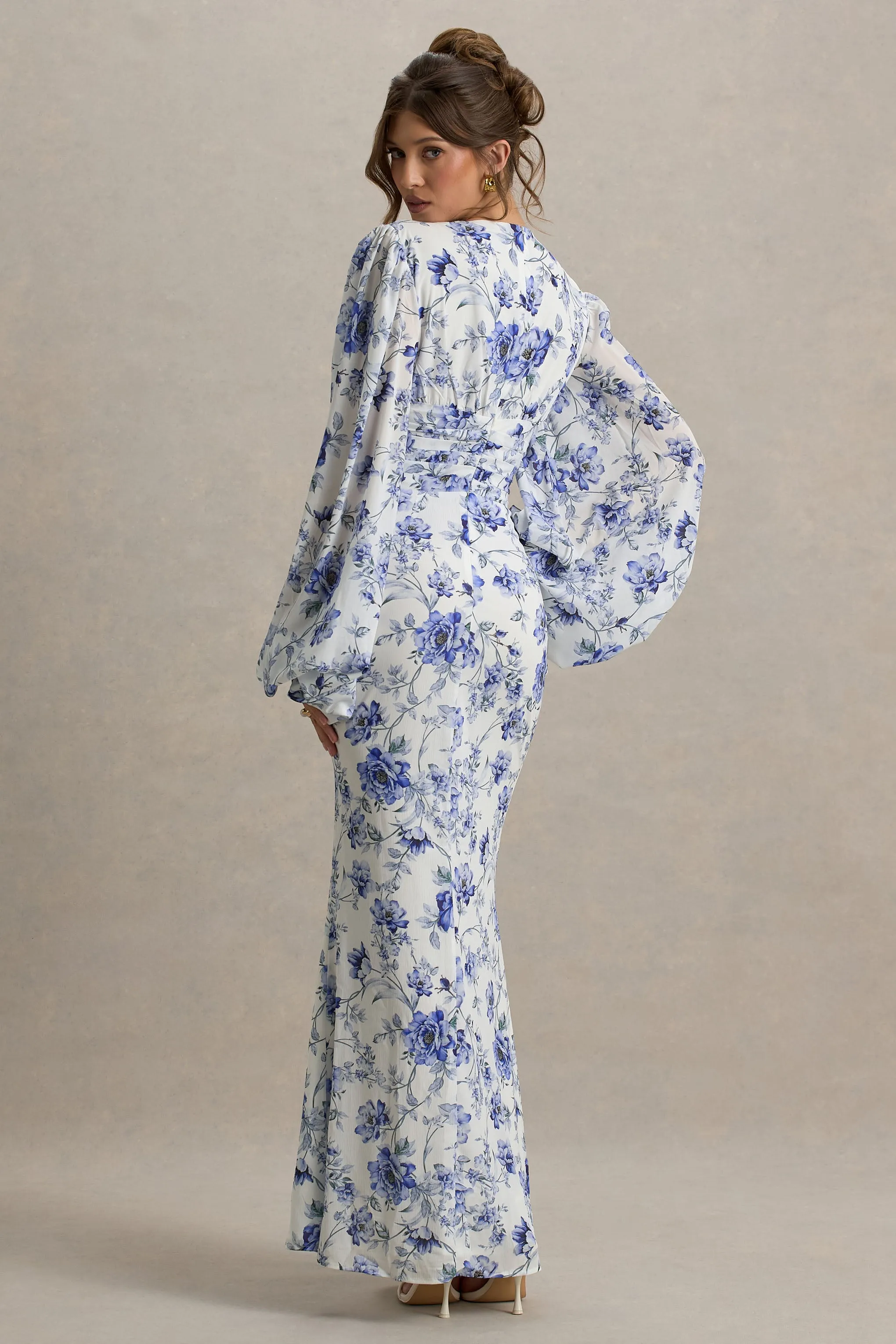 Casarile | Blue Floral Print V-Neck Balloon Sleeve Maxi Dress Club L London