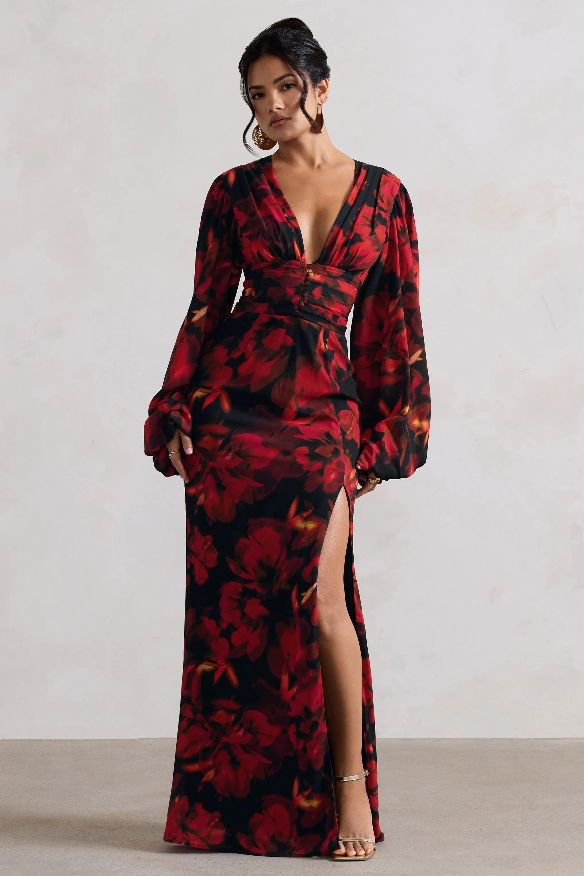 Casarile | Red Floral Print V-Neck Balloon Sleeve Maxi Dress Club L London