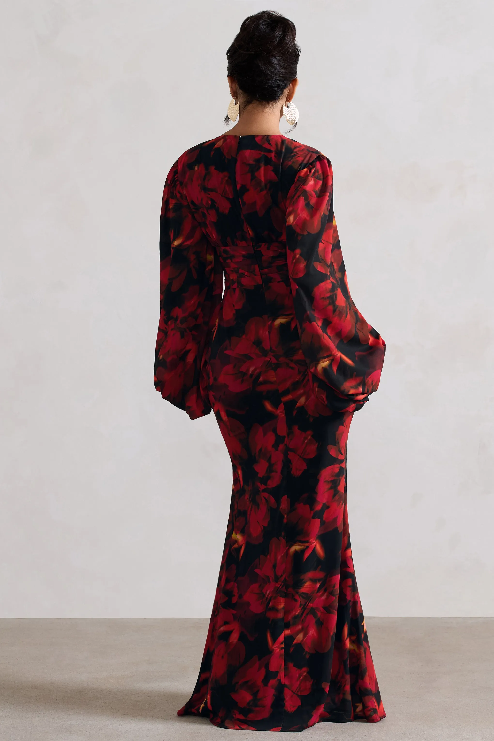 Casarile | Red Floral Print V-Neck Balloon Sleeve Maxi Dress Club L London
