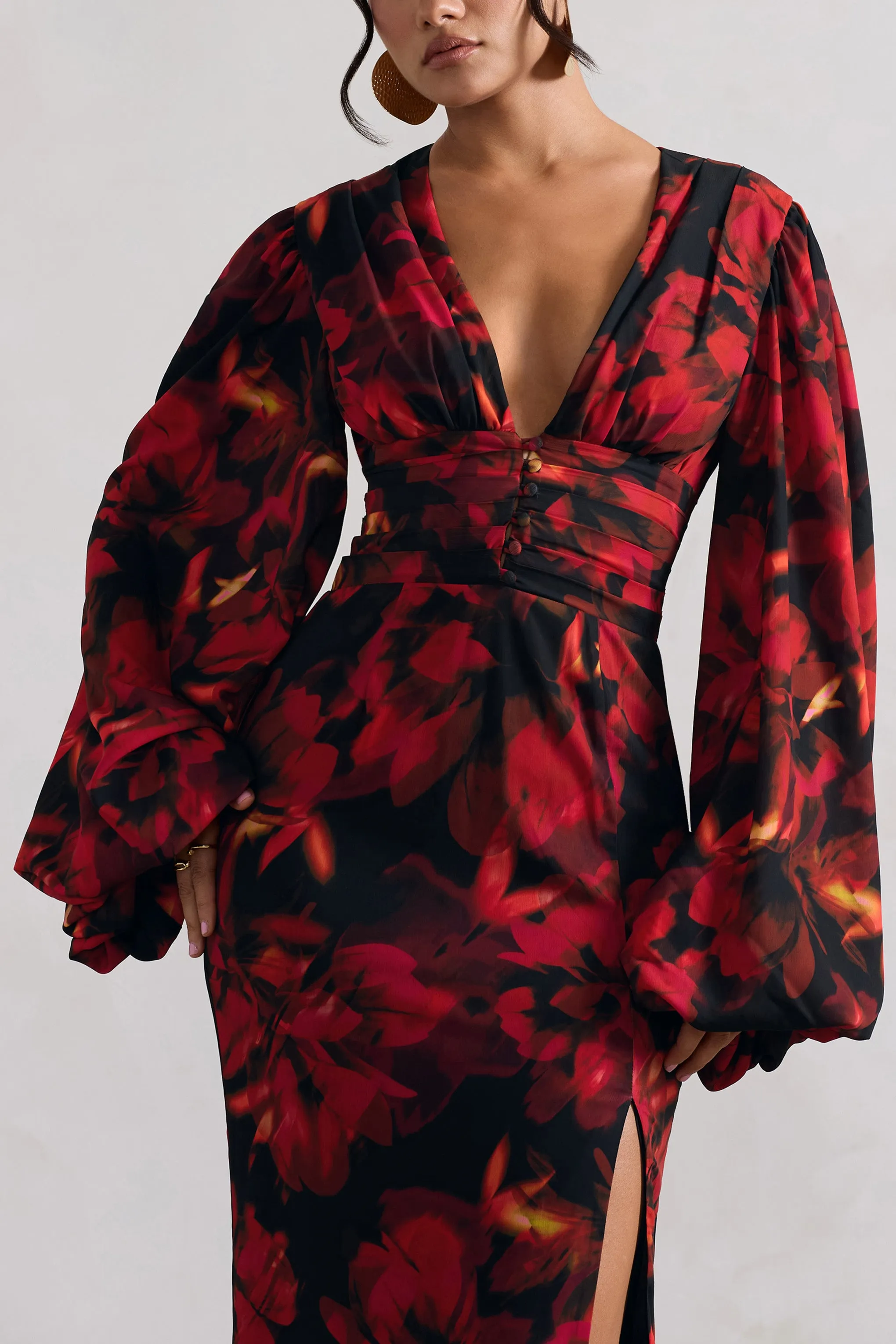 Casarile | Red Floral Print V-Neck Balloon Sleeve Maxi Dress Club L London