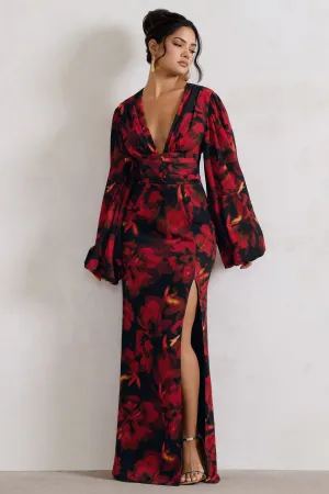 Casarile | Red Floral Print V-Neck Balloon Sleeve Maxi Dress Club L London