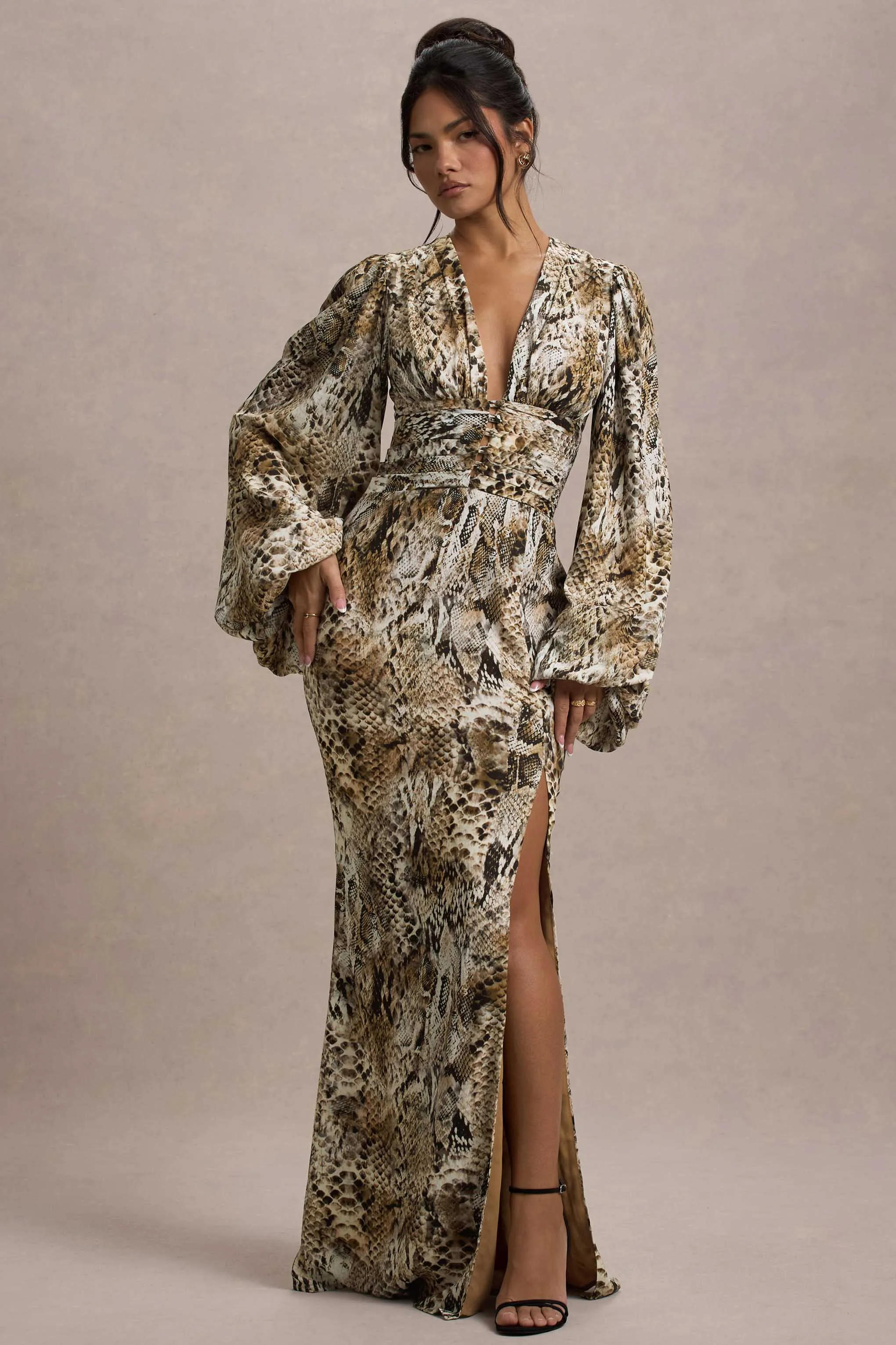 Casarile | Snake Print V-Neck Balloon Sleeve Maxi Dress Club L London
