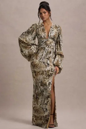 Casarile | Snake Print V-Neck Balloon Sleeve Maxi Dress Club L London