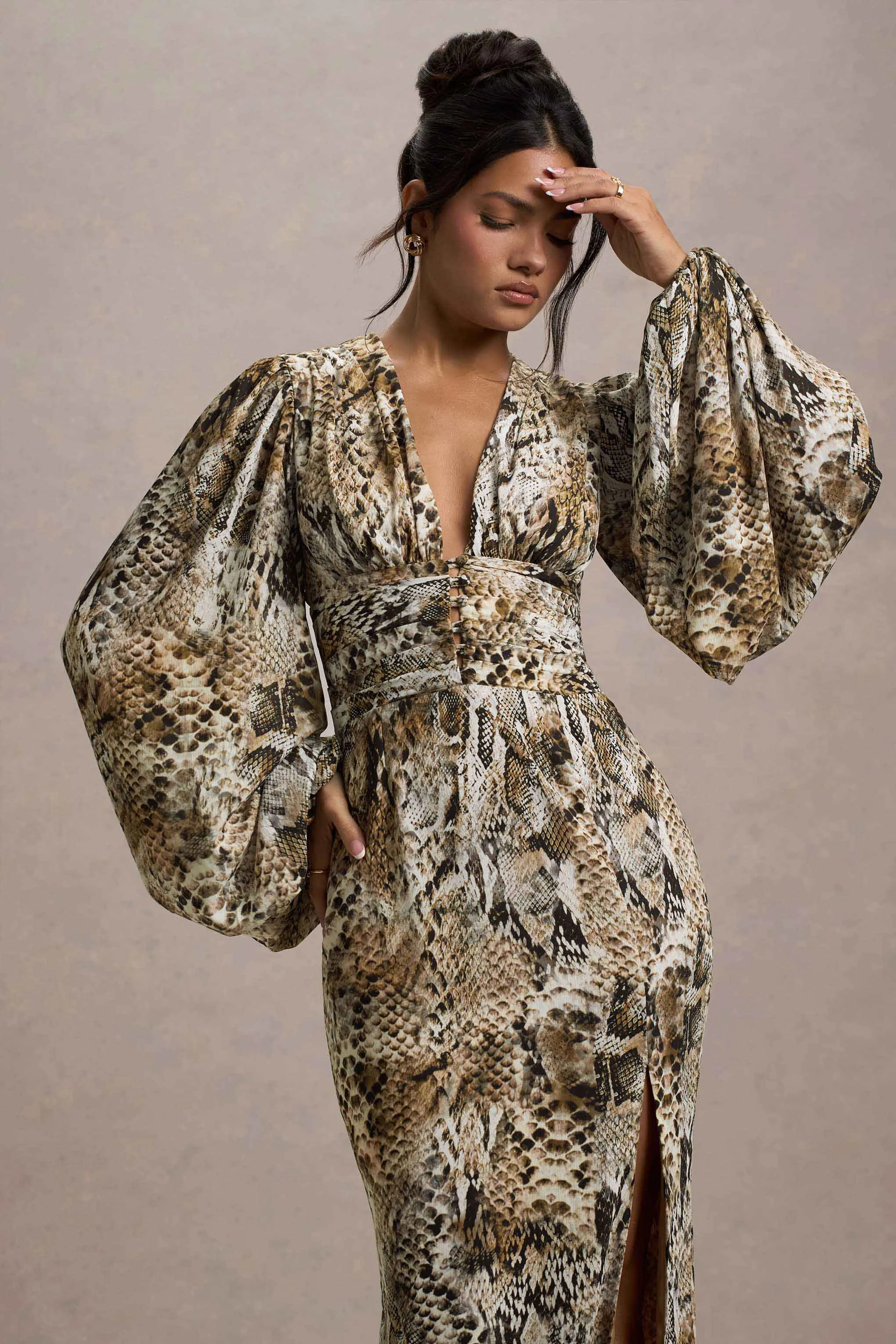Casarile | Snake Print V-Neck Balloon Sleeve Maxi Dress Club L London